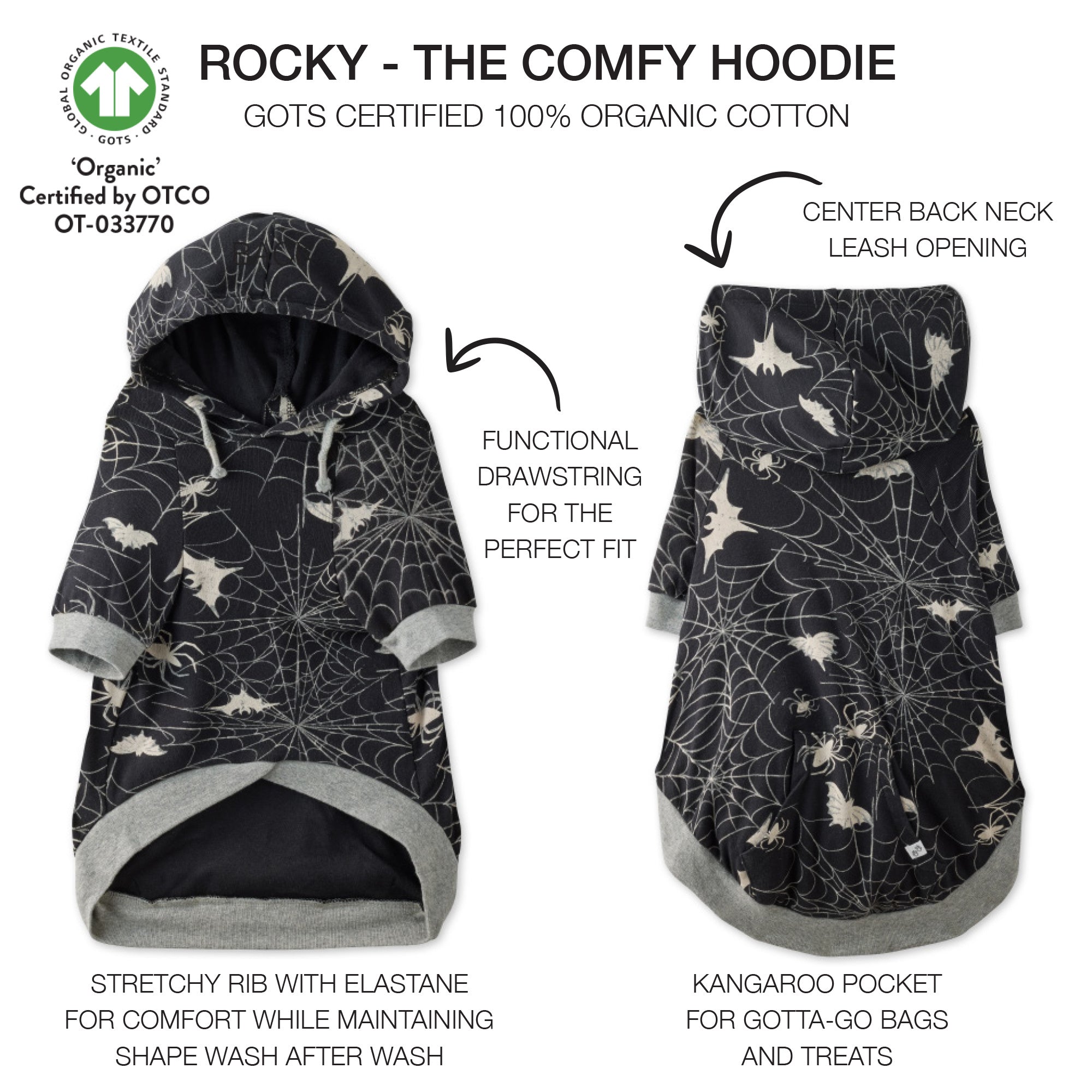 Pet Passion Rocky original lightweight hooded dog tee in Batty Black — soft organic cotton dog hoodie t-shirt
