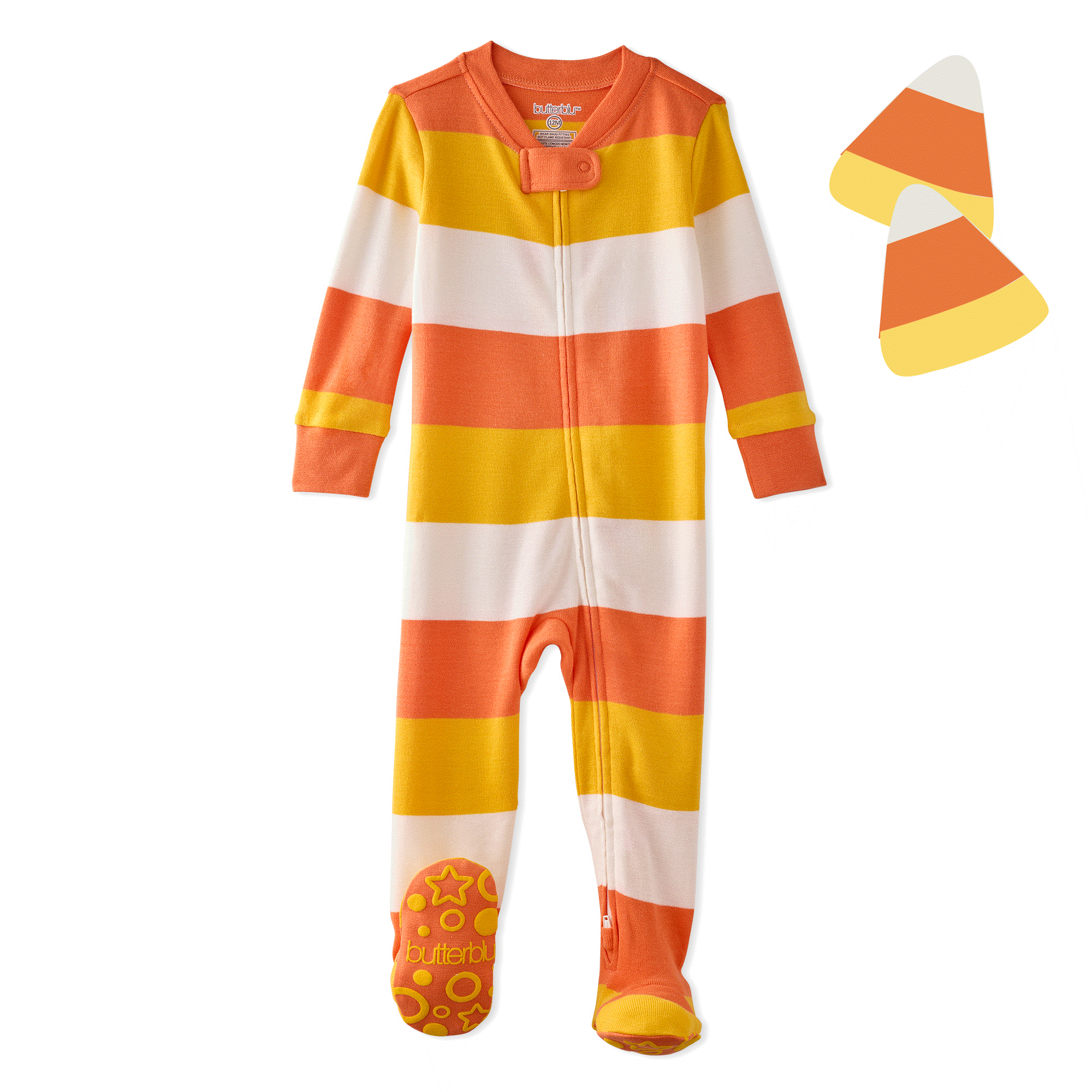 Butterblu Cruz snug-fit footed baby boys pajamas in Corny Candy Stripe — GOTS-certified organic cotton zippered sleepers for baby boys