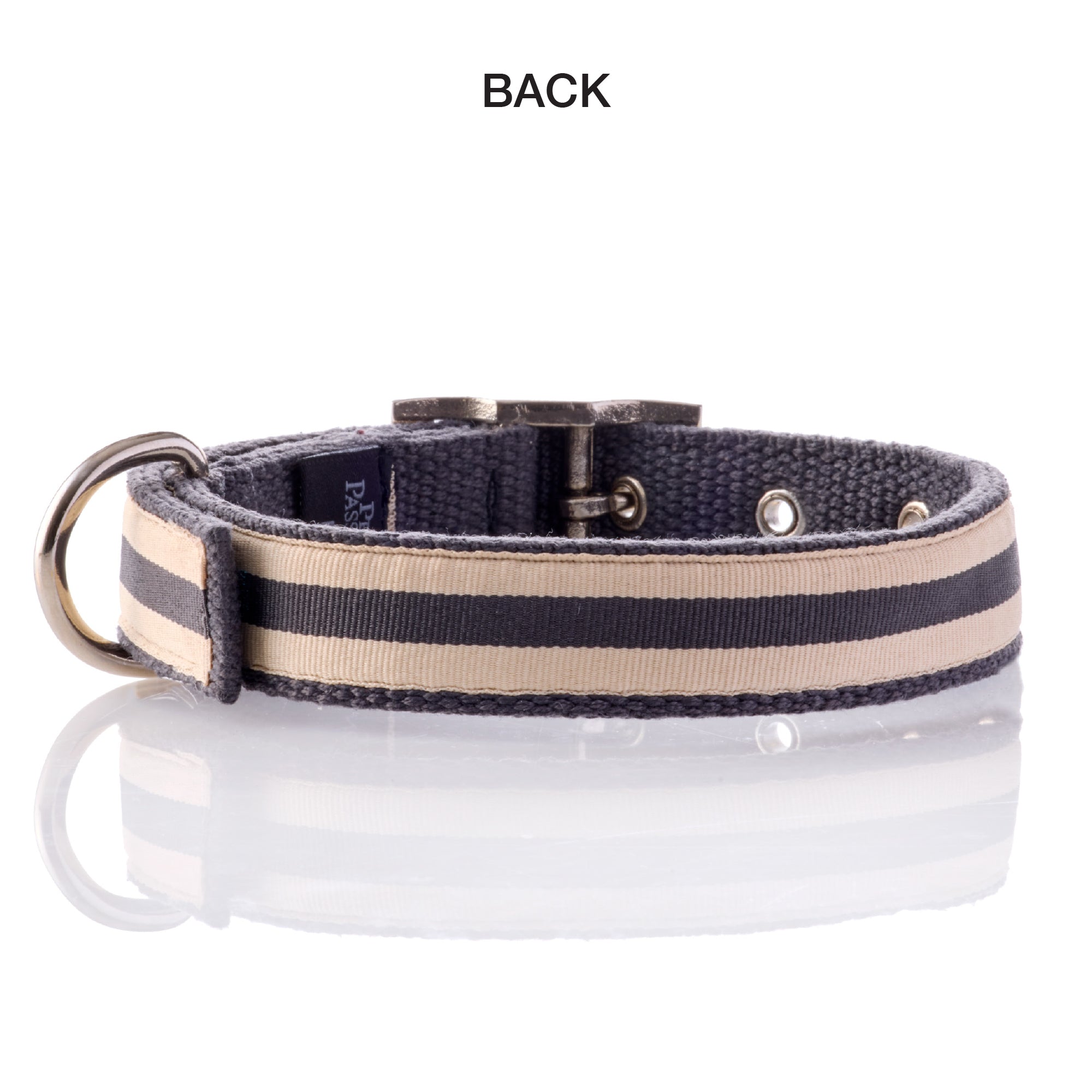 back of black and beige striped collar