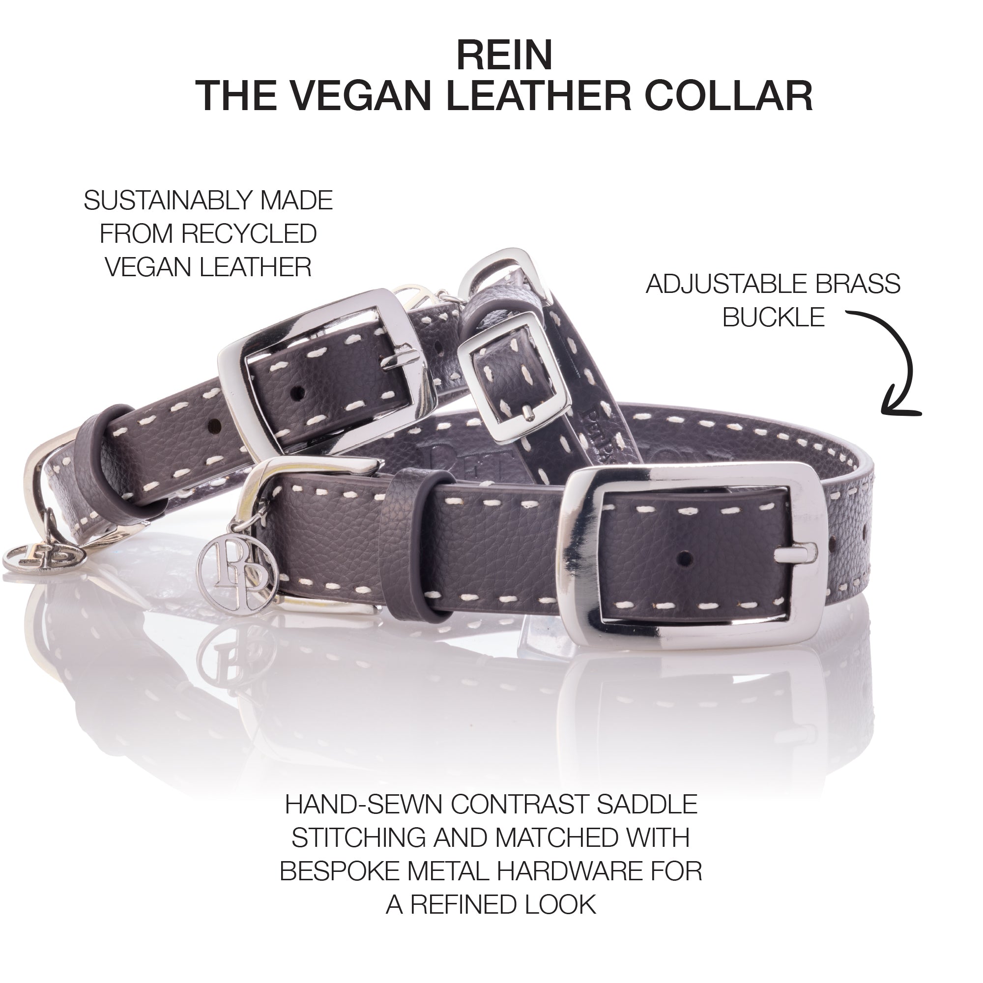 Rein Caddy in Chocolate Espresso with Product descriptions surrounding it and leash detail in the background