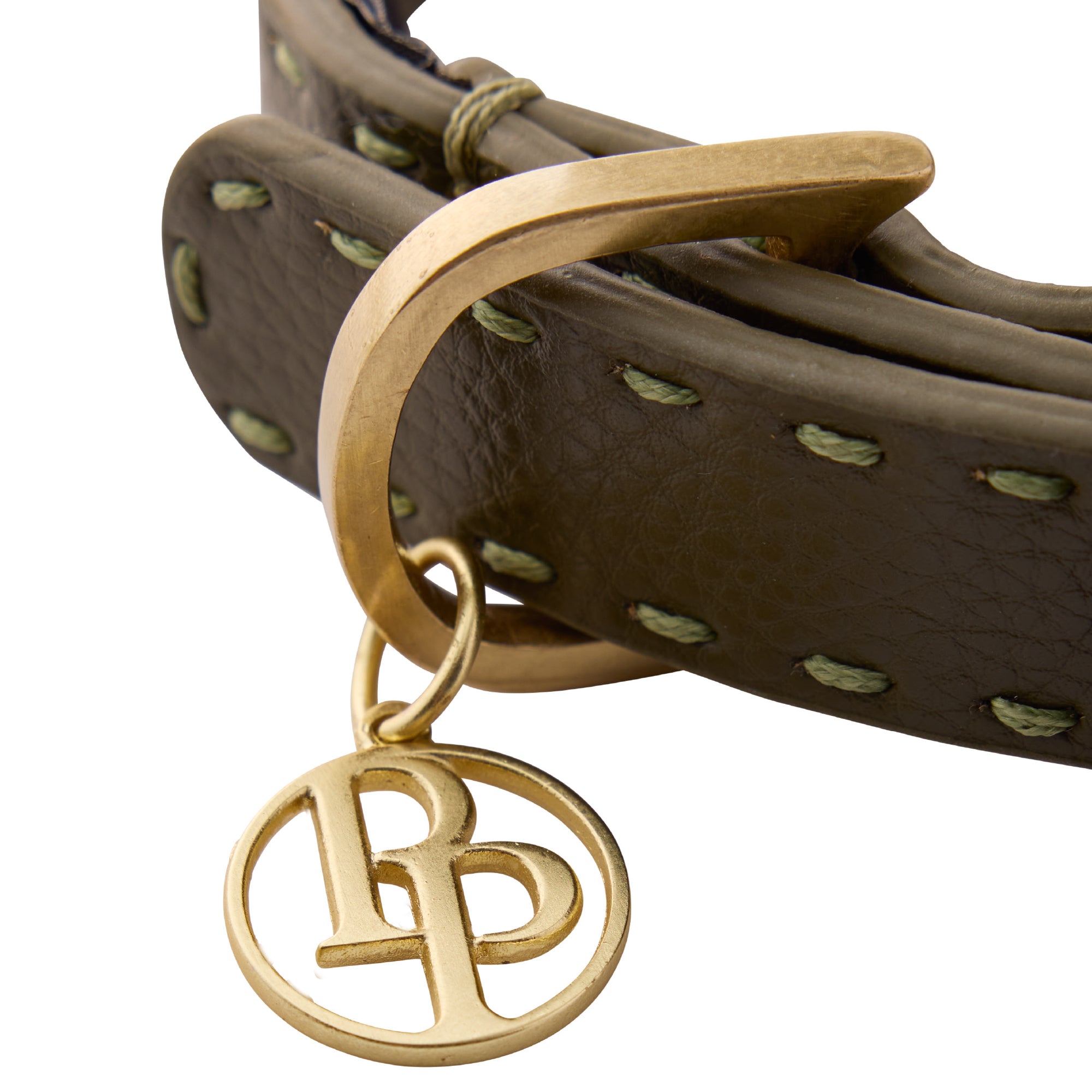 Close up of collar hardware and pet passion key chain on a white background