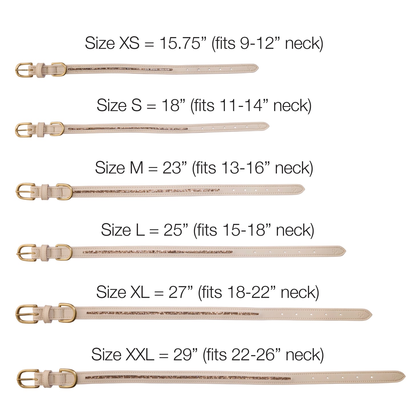 Measurement chart for dog collars with size labels and corresponding neck dimensions.