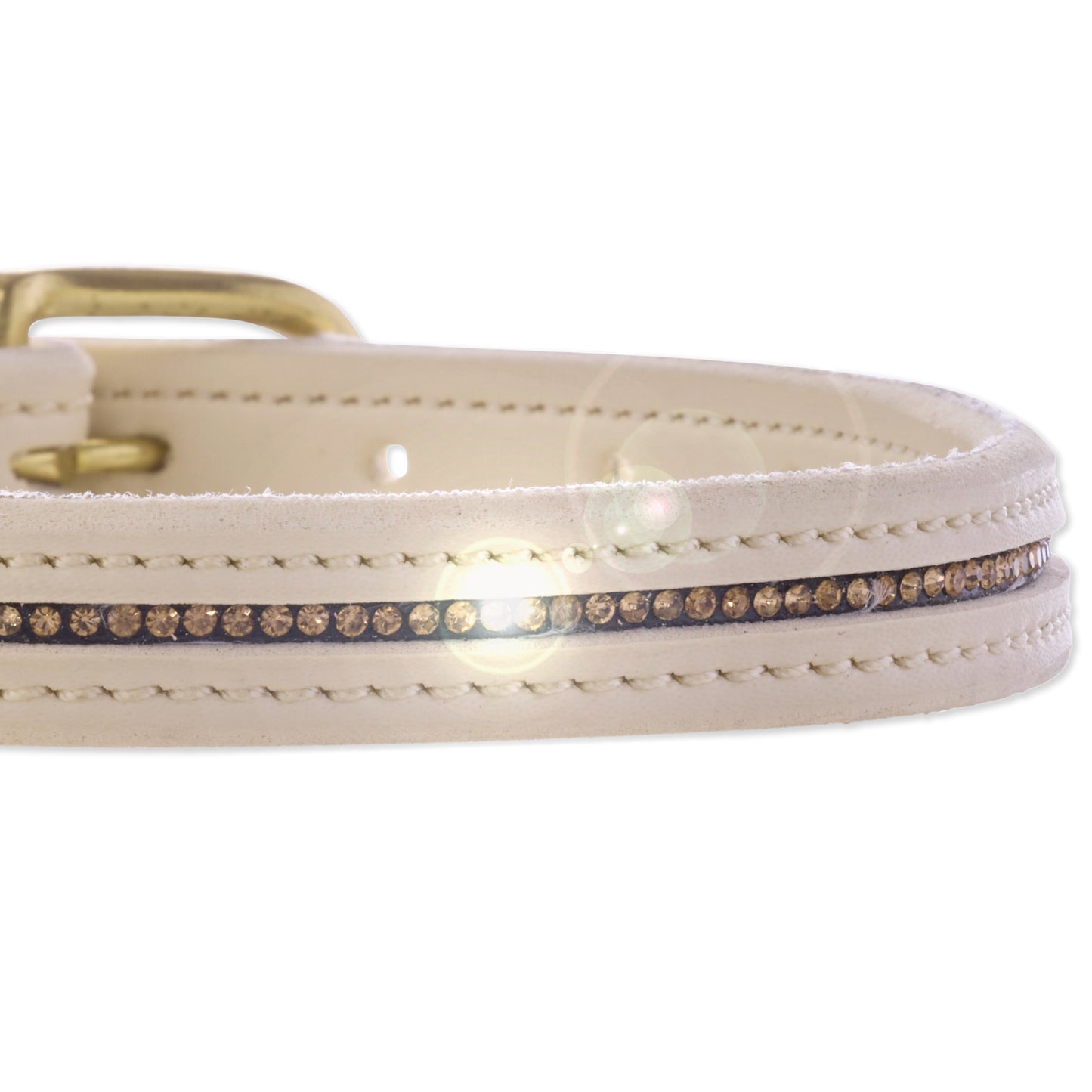 Beige dog collar with gold buckle and rhinestone detailing on a white background