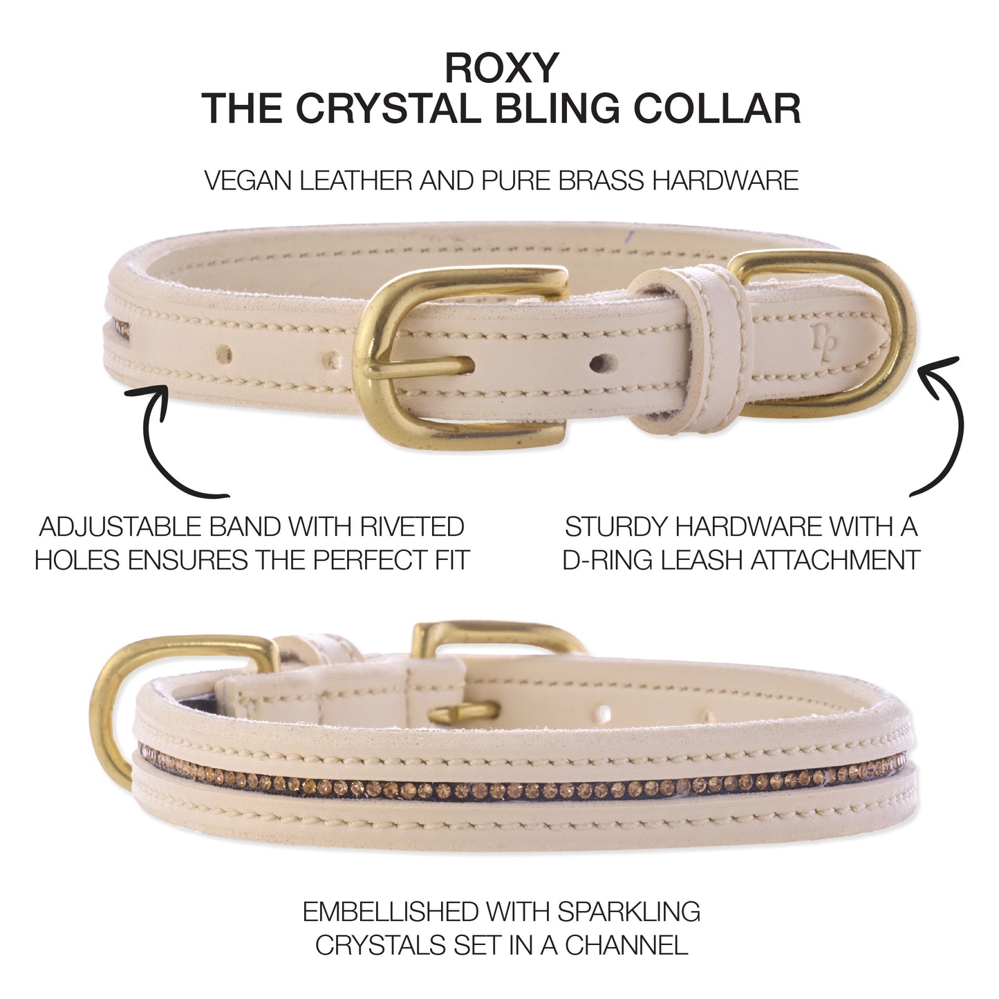Beige dog collar with gold hardware on a white background, featuring text about the product.