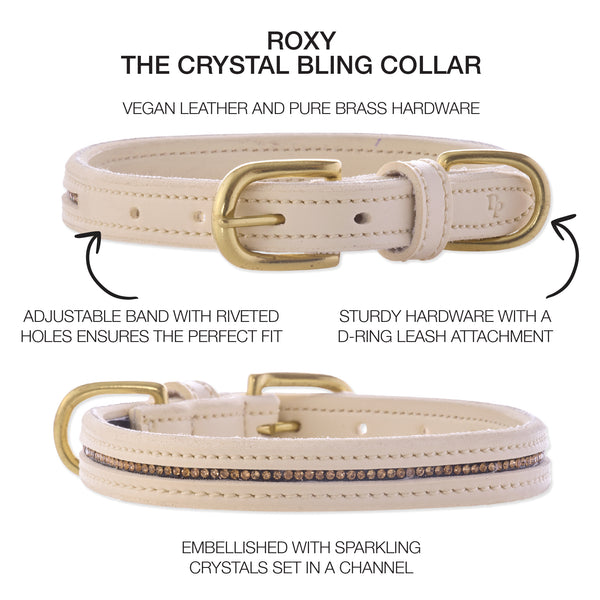 Beige dog collar with gold hardware on a white background, featuring text about the product.