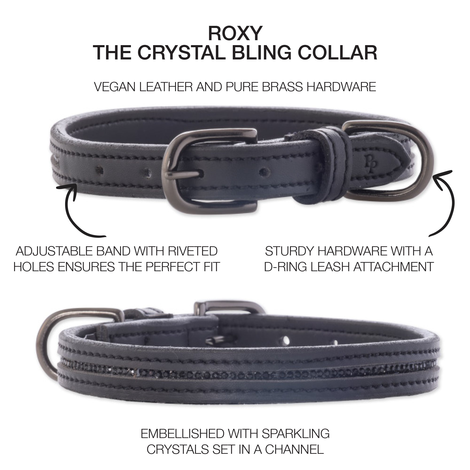 Pet Passion Roxy crystal bling dog collar in Black Bling — sparkly rhinestone-embellished collar for small dogs and special occasions