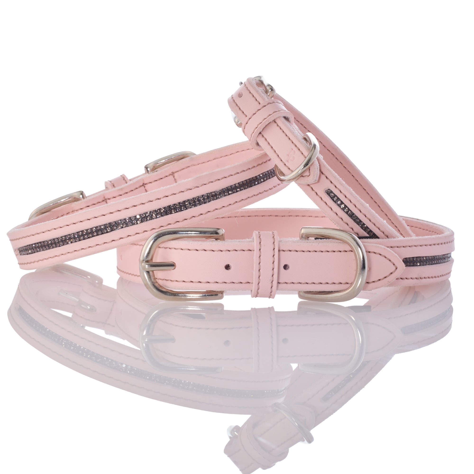 Pink dog collar and leash set on a white background