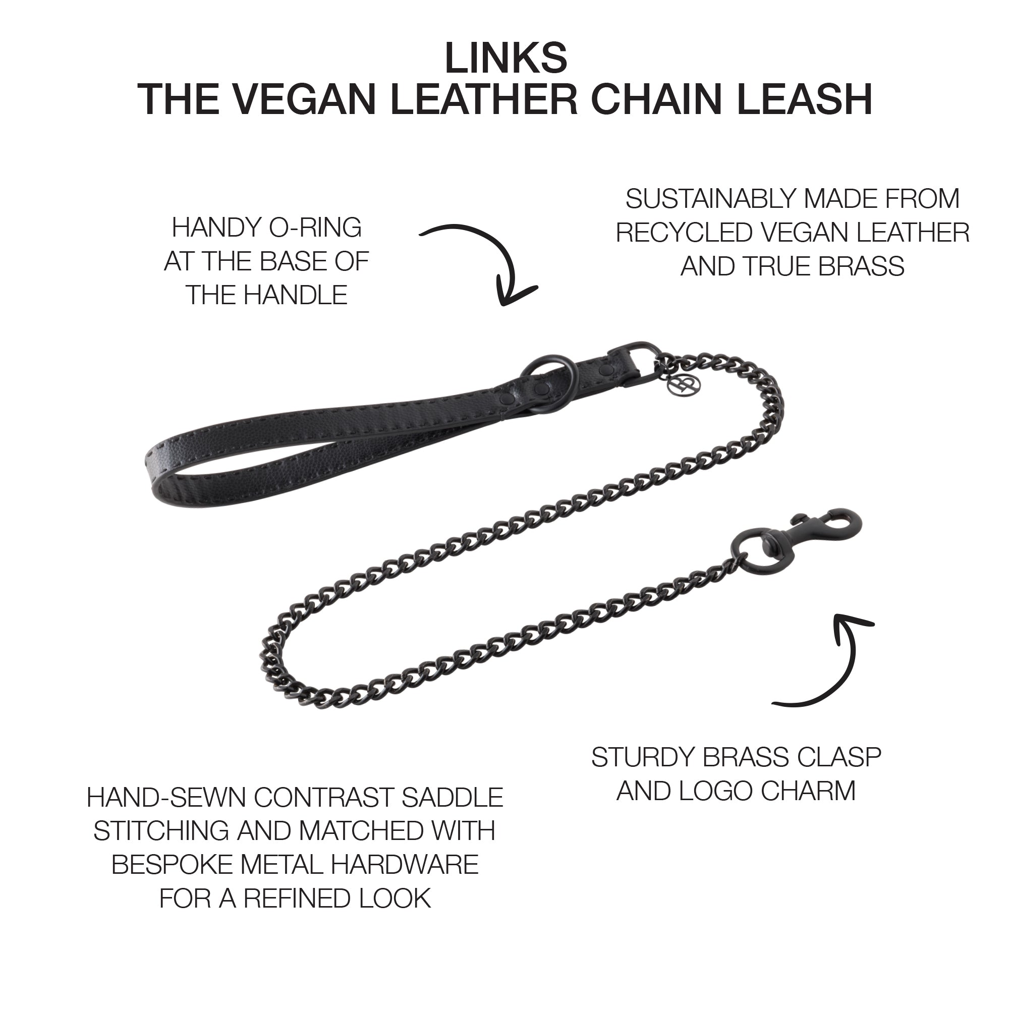 Link Chain Leash surrounded by product descriptions