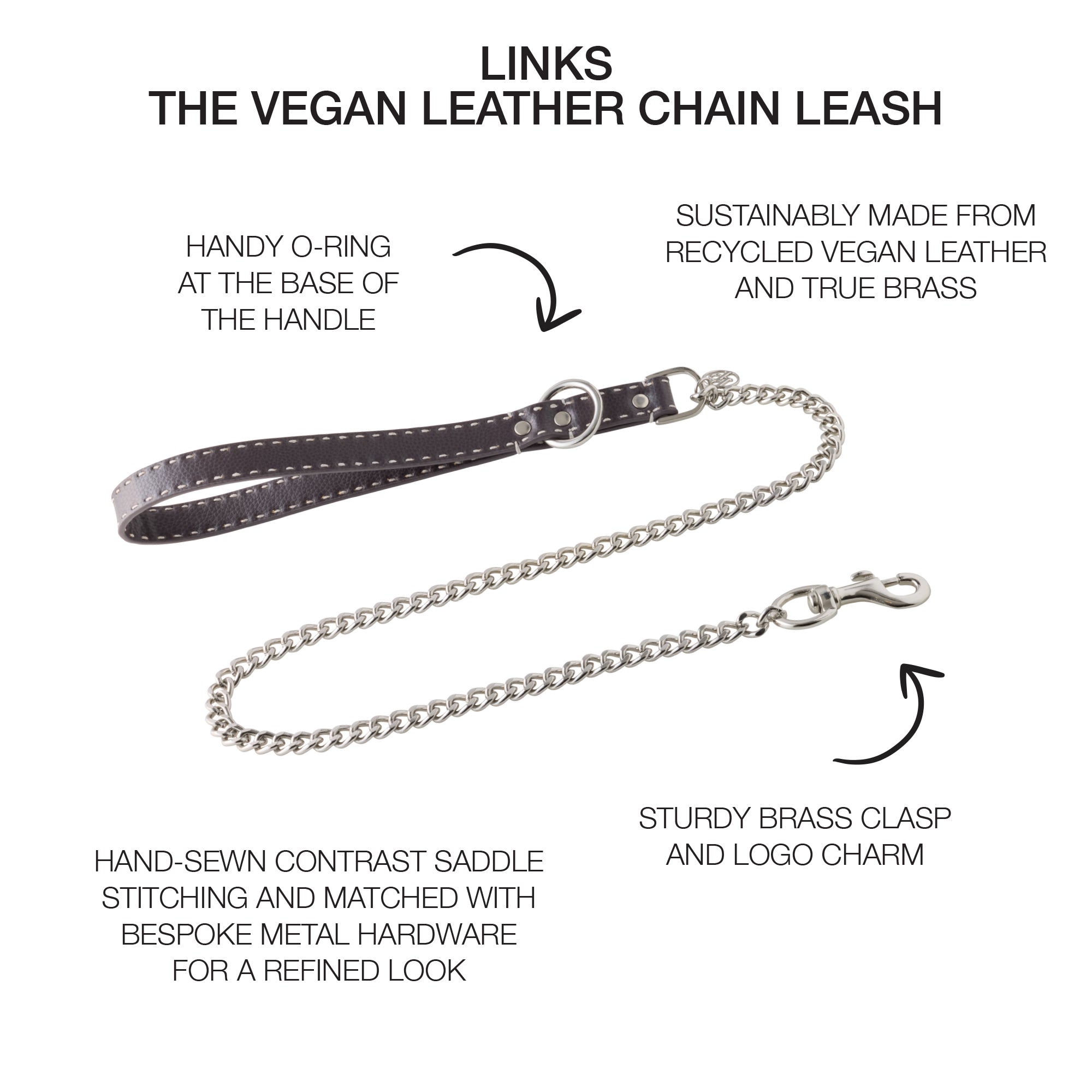 Link Chain Leash surrounded by product descriptions