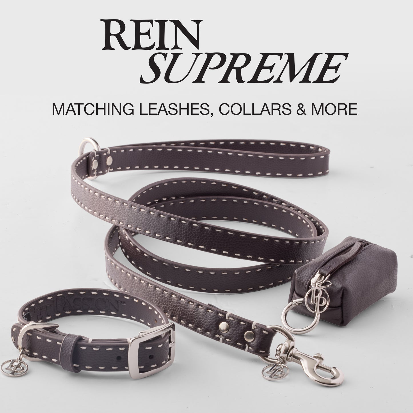 Rein Supreme Graphic, Display of matching Leash, Collar, and Caddy bag on a white background in Chocolate Espresso