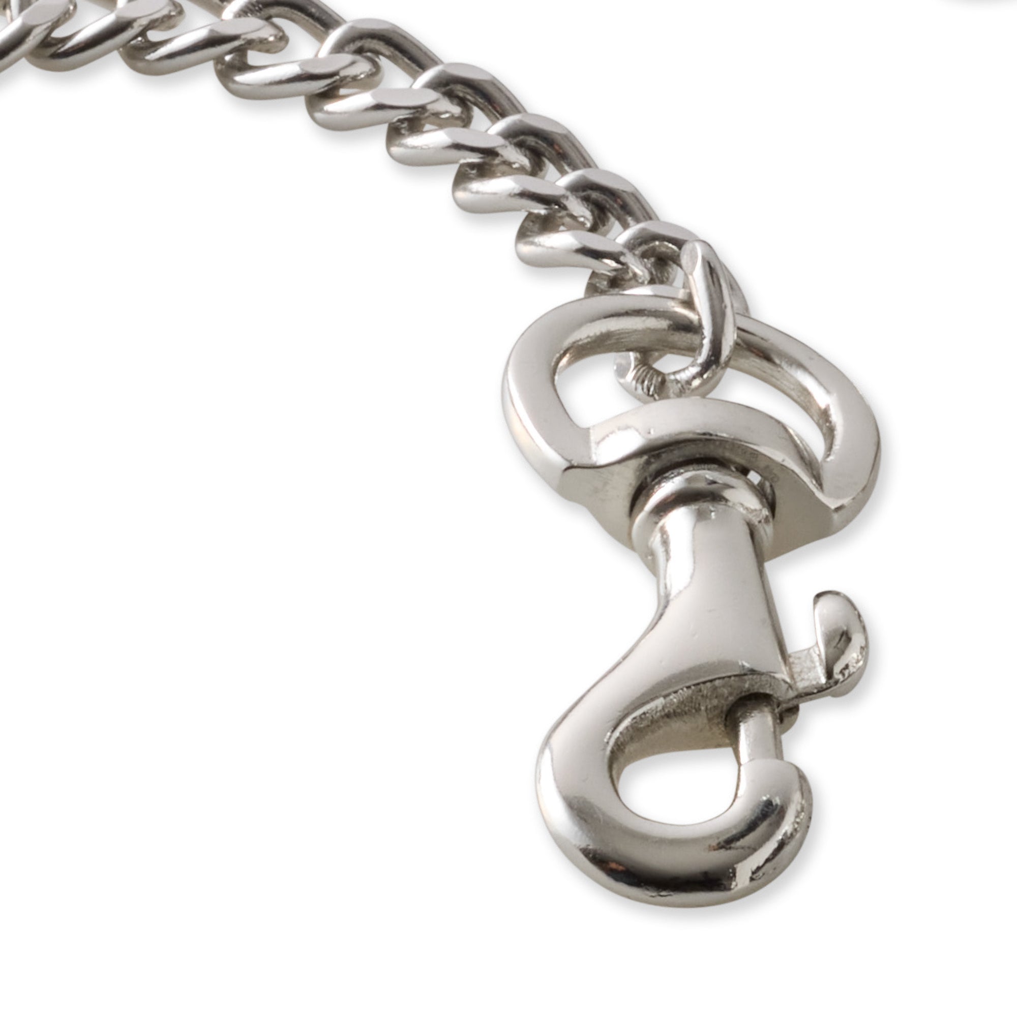 Close up of silver Leash clip hardware and links on a white background