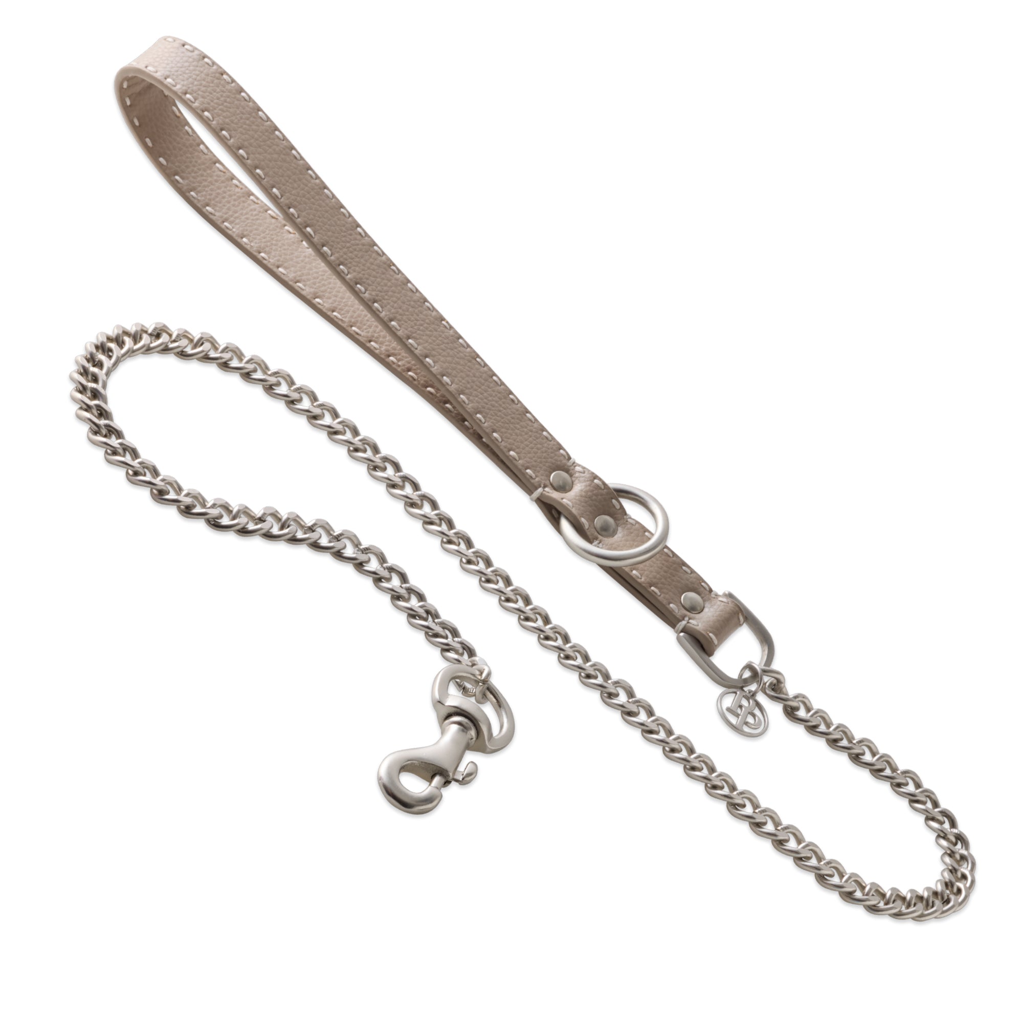 Layout of Rein Link Leash in Dappled Cashmere with leather handle and silver link chain on a white background.