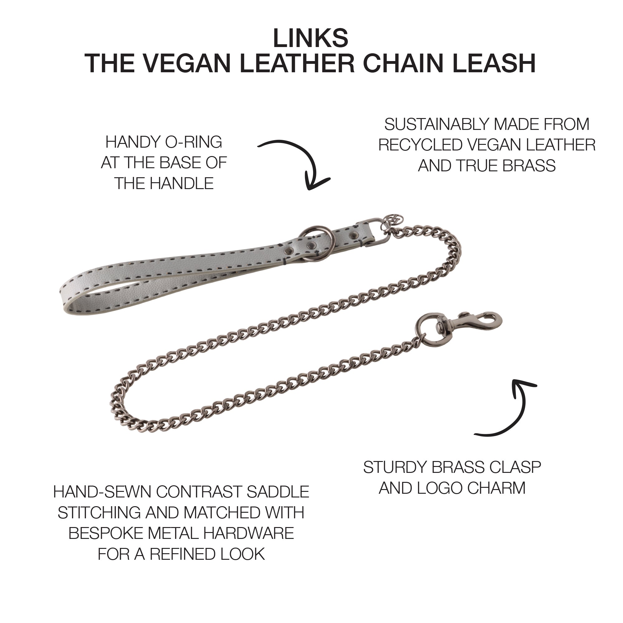 Link Chain Leash surrounded by product descriptions