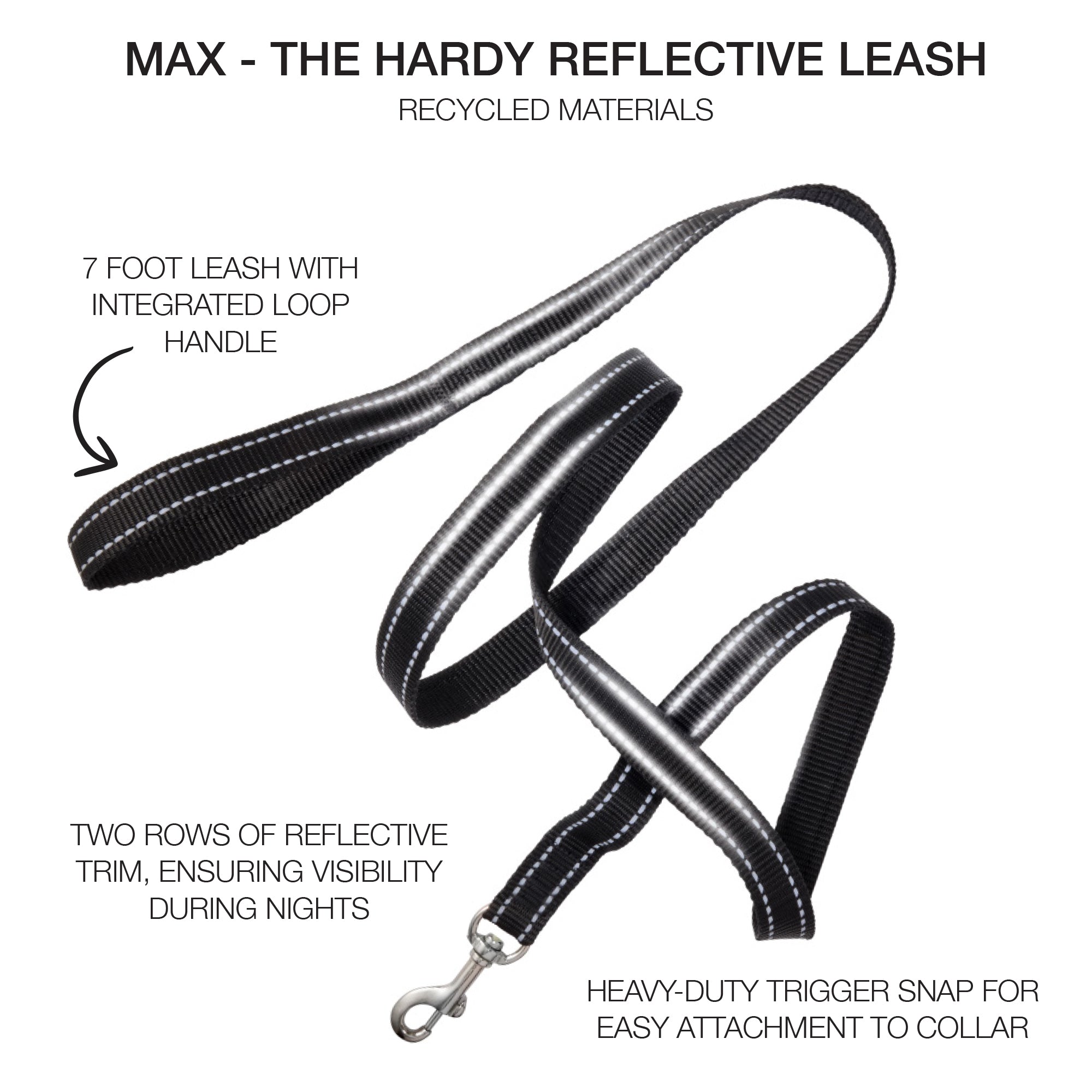 MAX - THE HARDY REFLECTIVE LEASH, BLACK