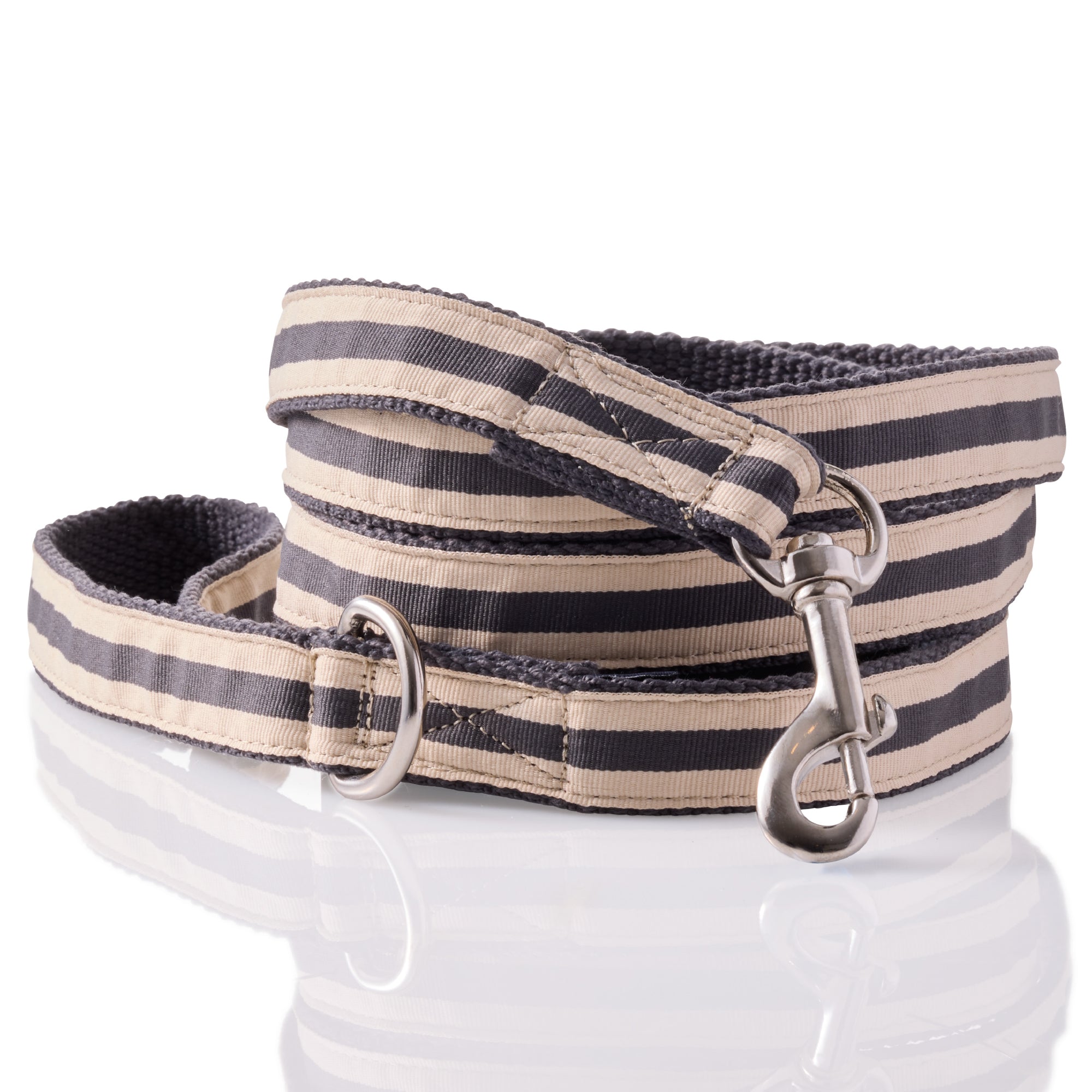 Striped dog leash with metal clip on a white background