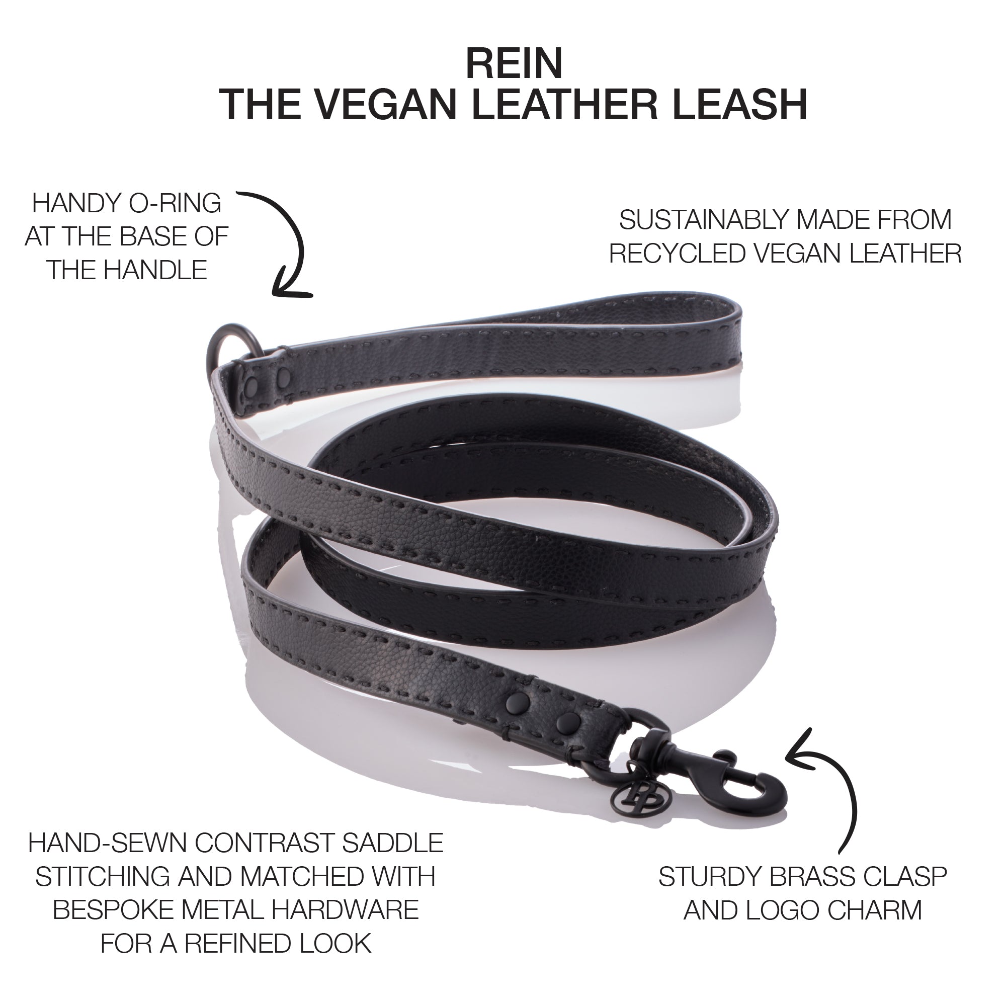 Rein Vegan Leather Leash surrounded by product descriptions