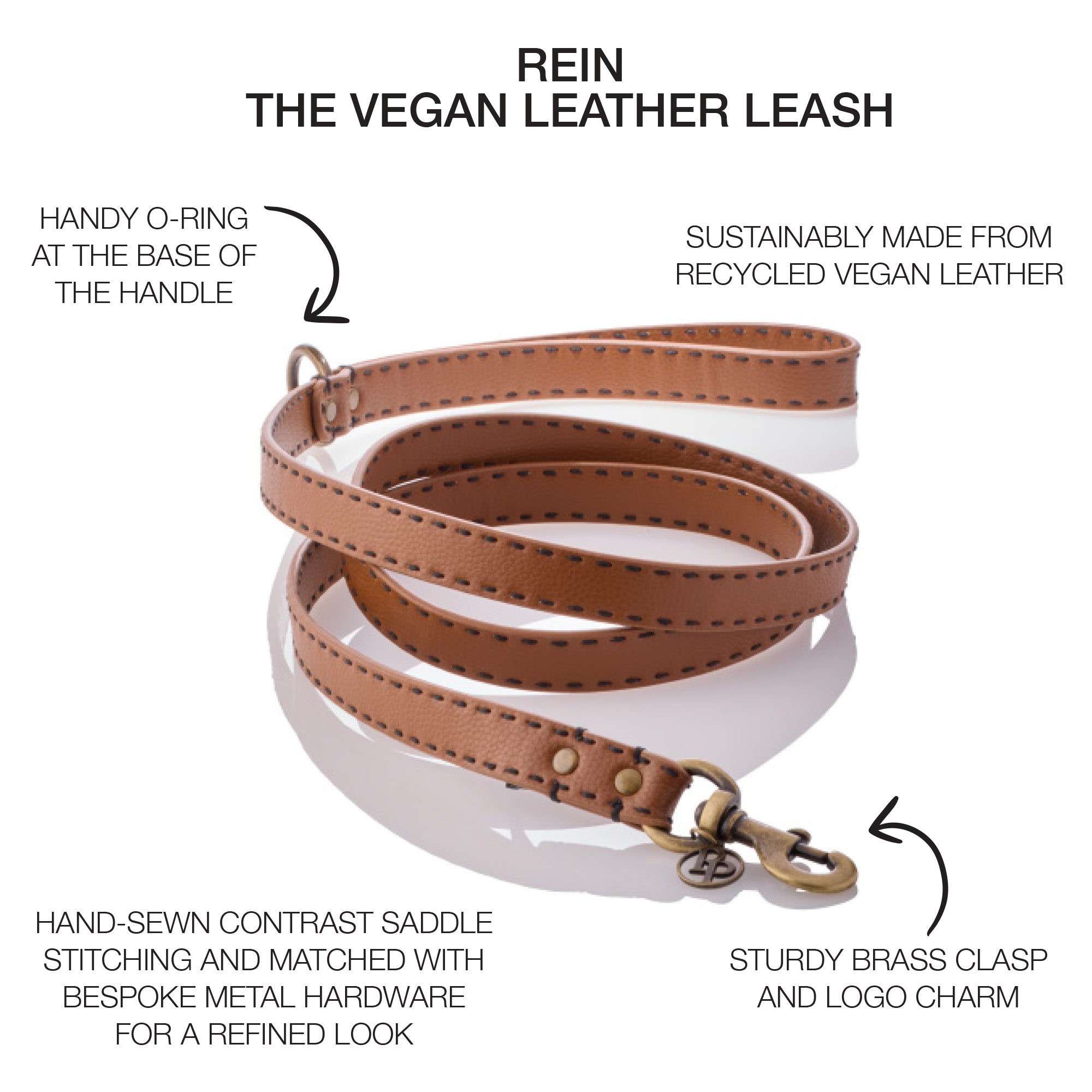 Rein Vegan Leather Leash surrounded by product descriptions