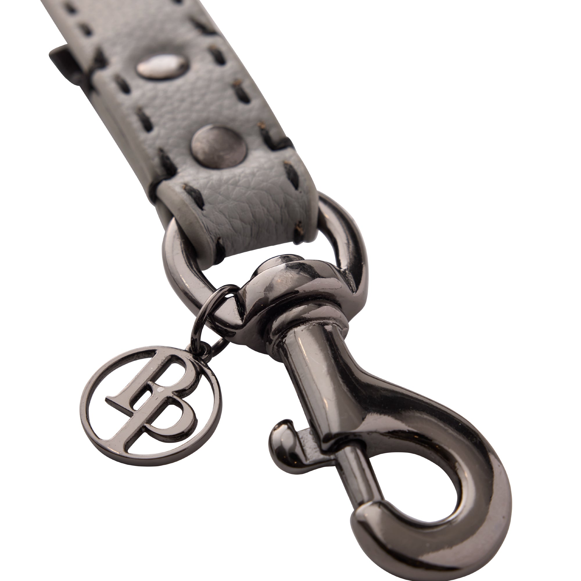Close up of leash clip hardware and pet passion logo keychain