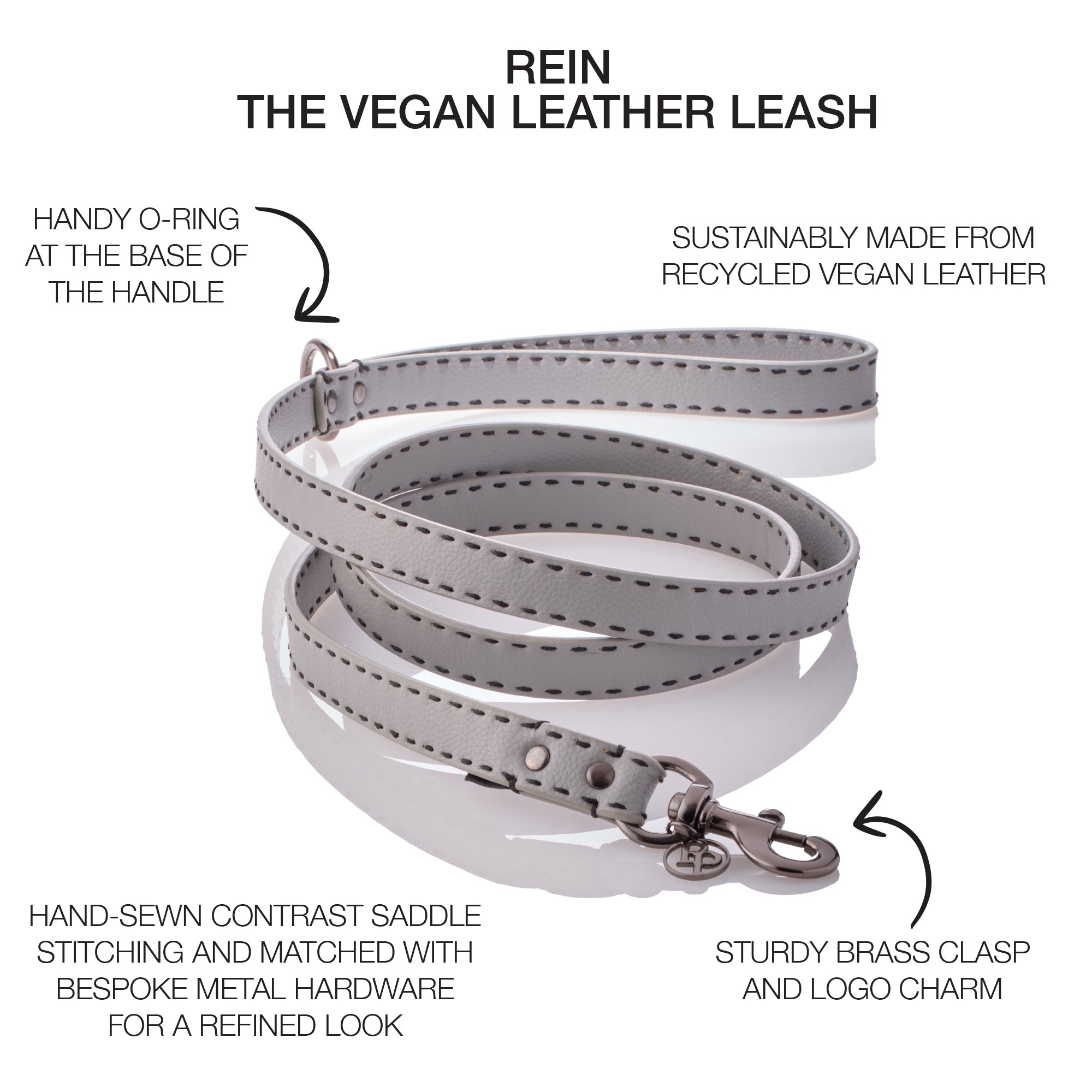 Rein Vegan Leather Leash surrounded by product descriptions