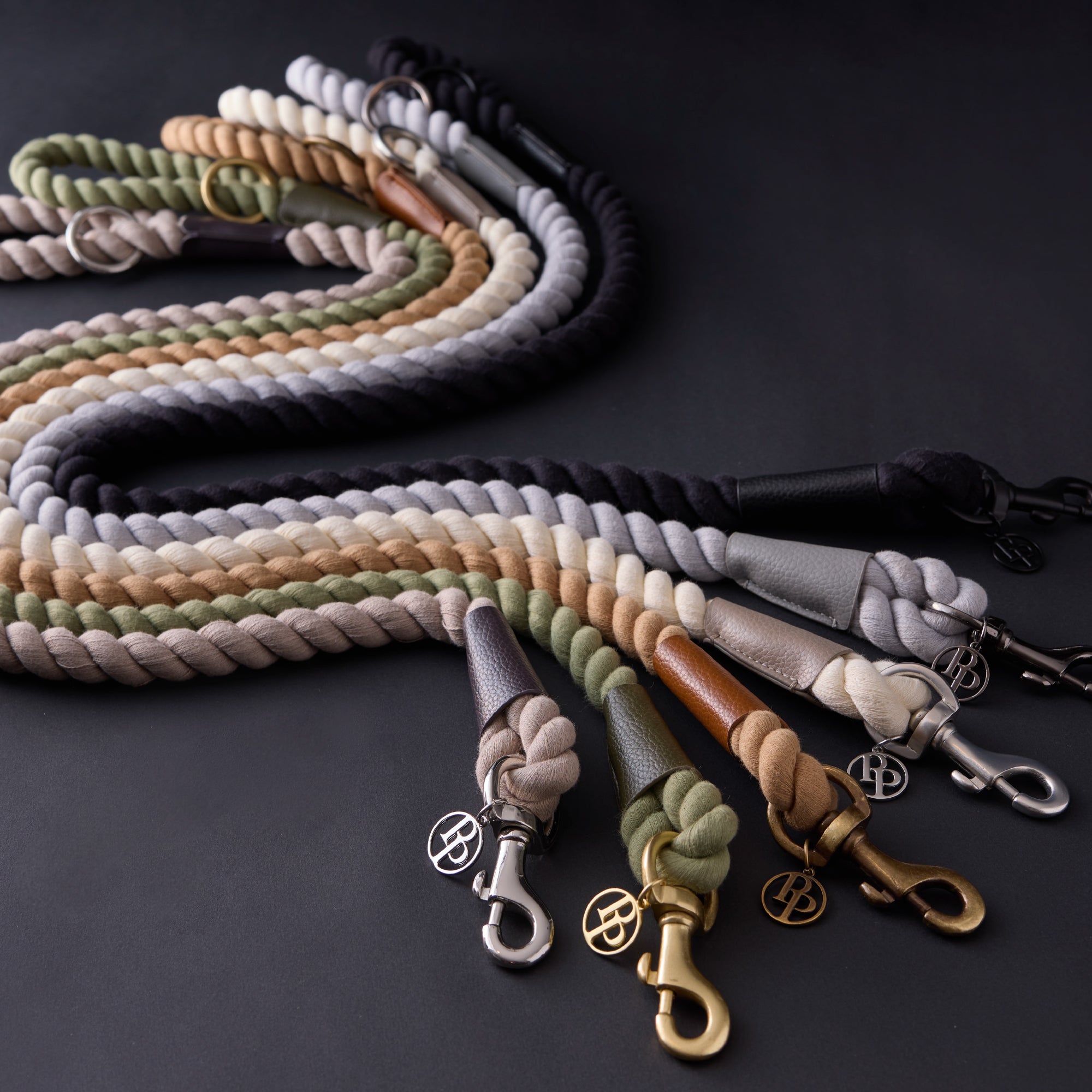 Layout of every ROWAN leash color on a black background.