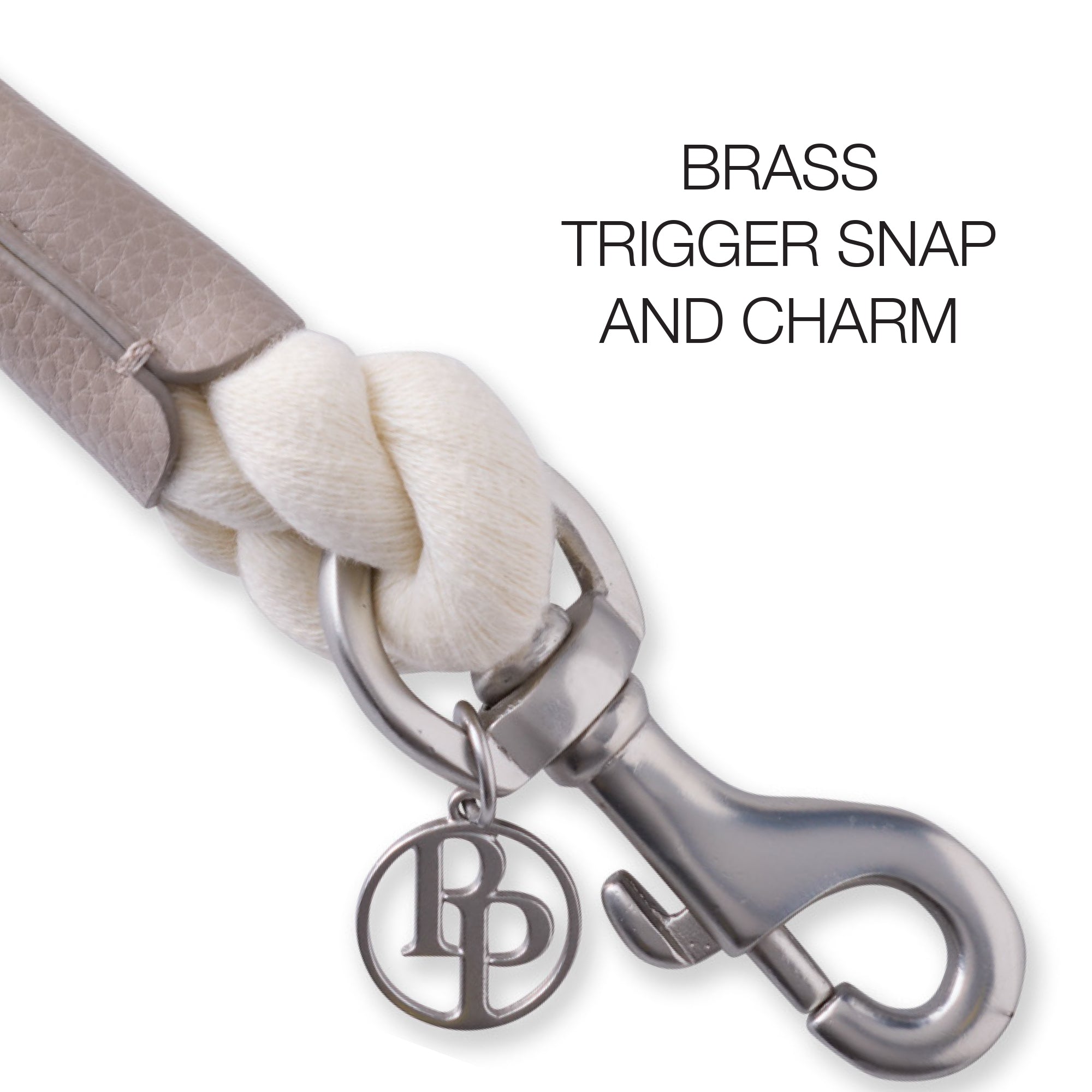 Close-up of the ROWAN leash hardware, including the tripper snap and pet passion charm