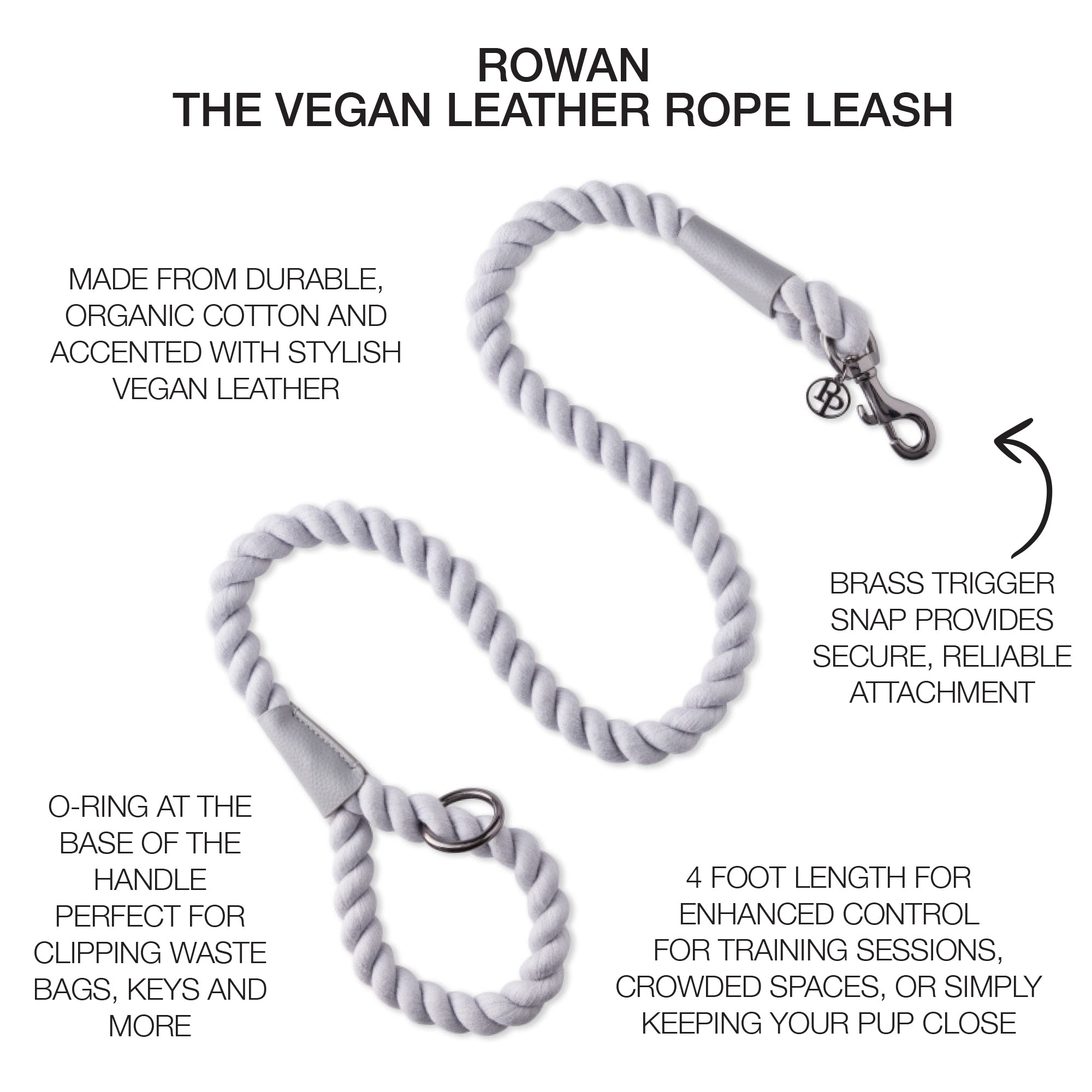 rope leash surrounded by product descriptions with ROWAN title at the top