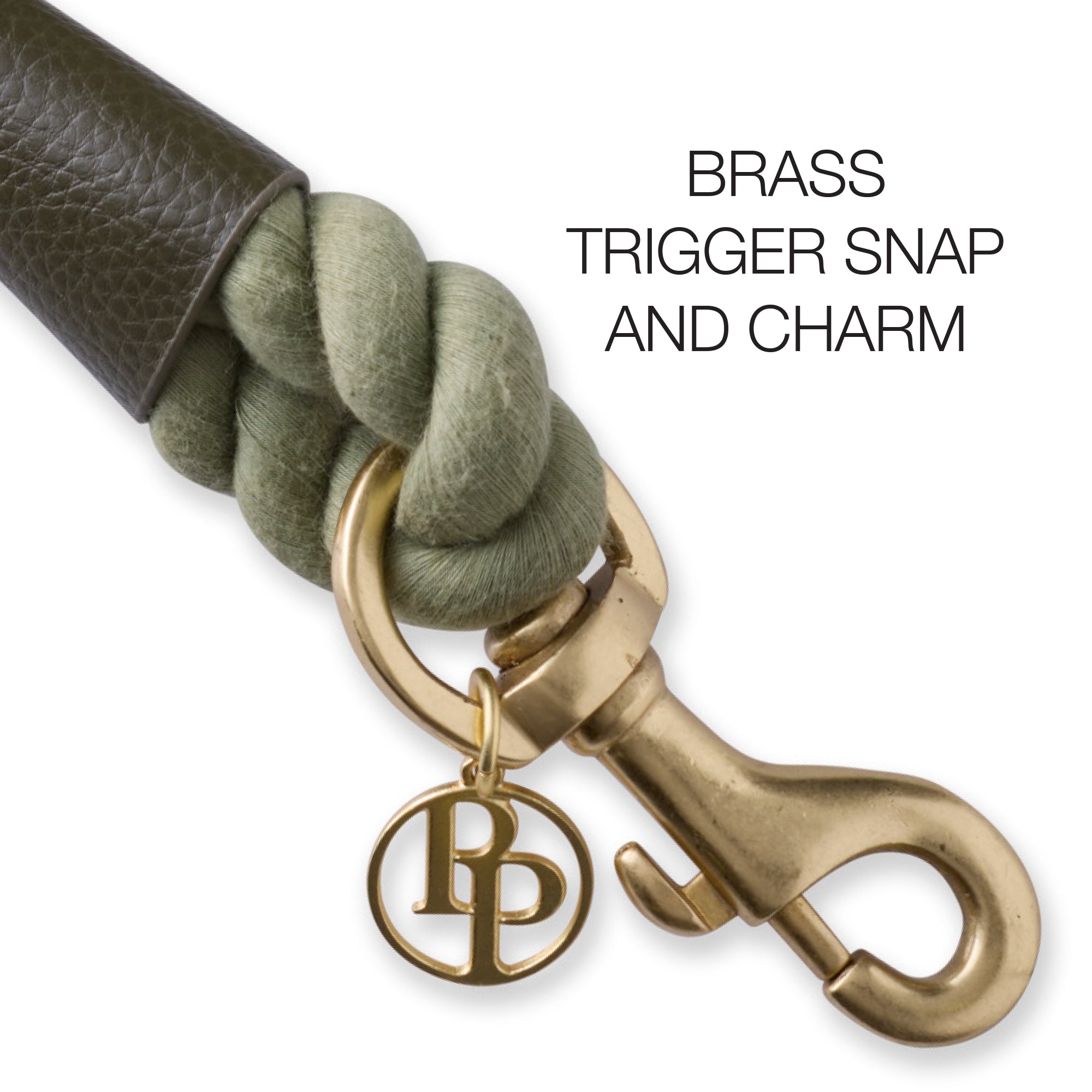 Close-up of the ROWAN leash hardware, including the tripper snap and pet passion charm