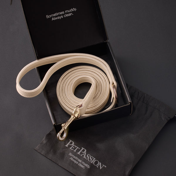 Beige dog leash with gold clip in a black box, branded 'Pet Passion'.