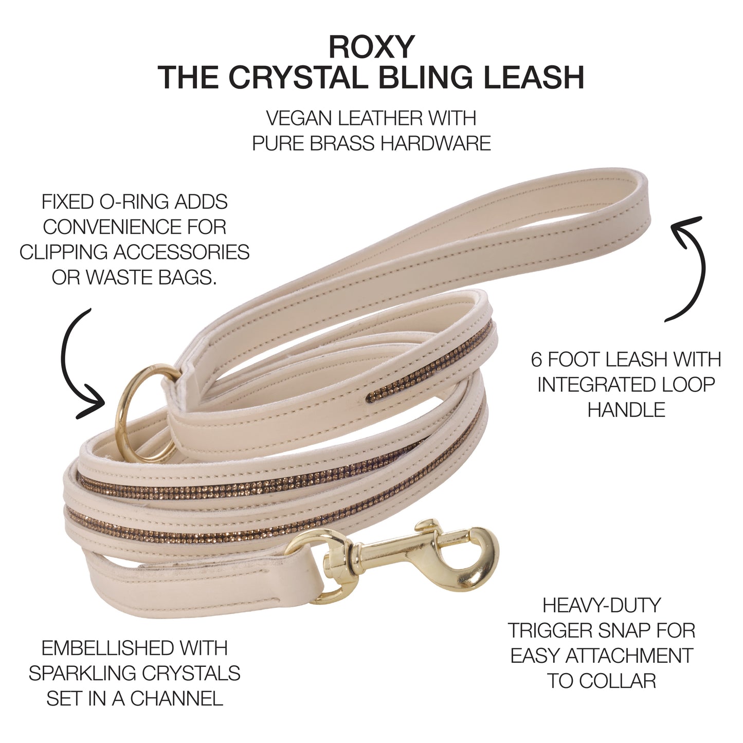 Beige leash with crystal embellishments and product features listed on a white background