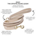 Beige leash with crystal embellishments and product features listed on a white background