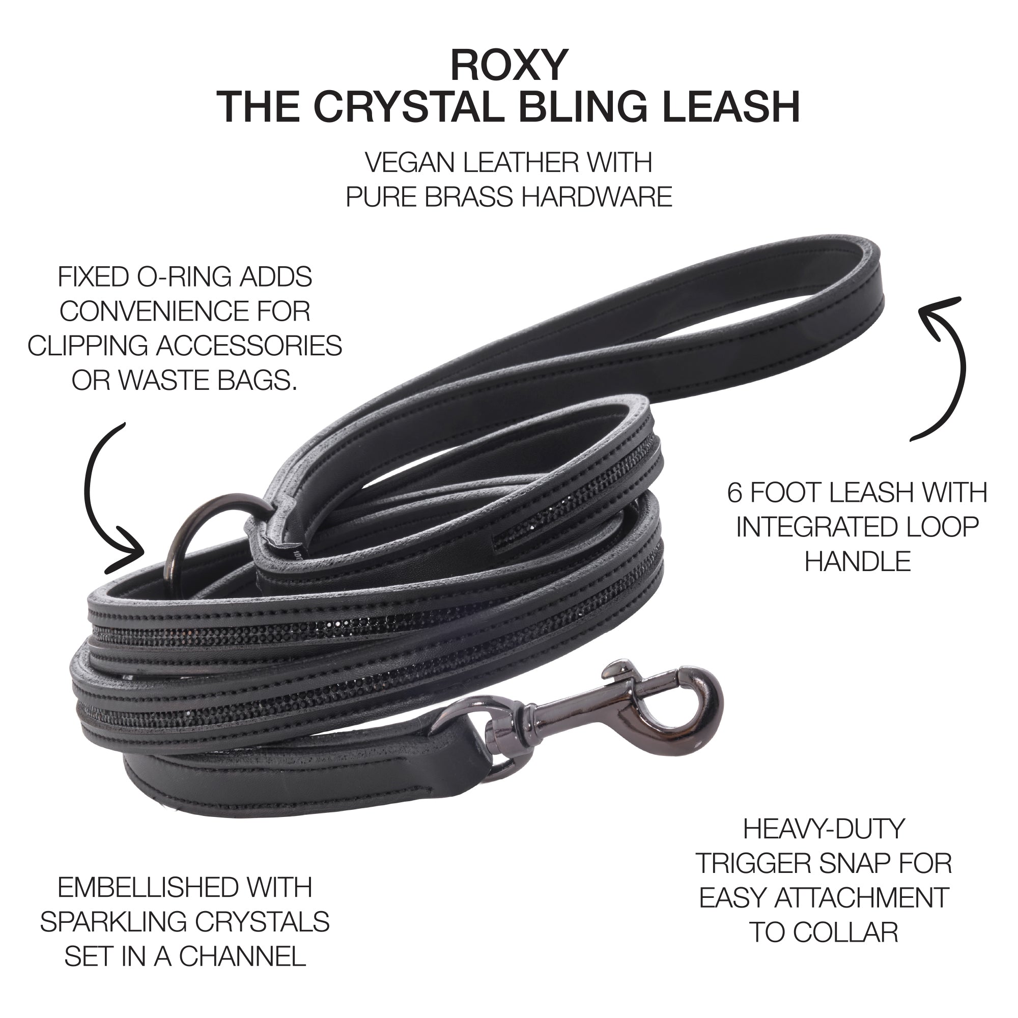 Black bling leash with text detailing features on a white background