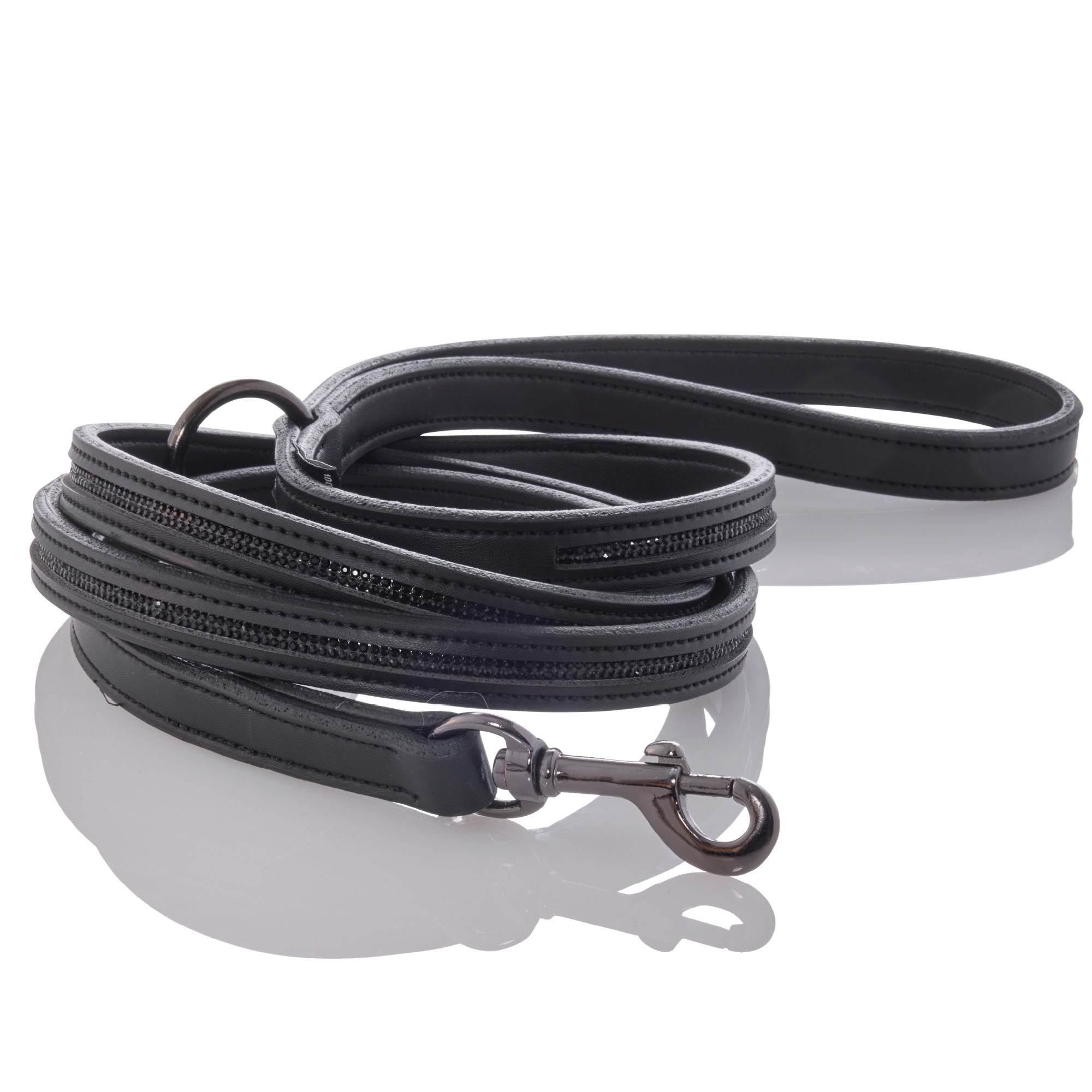 Black leather dog leash with metal clip on a white background