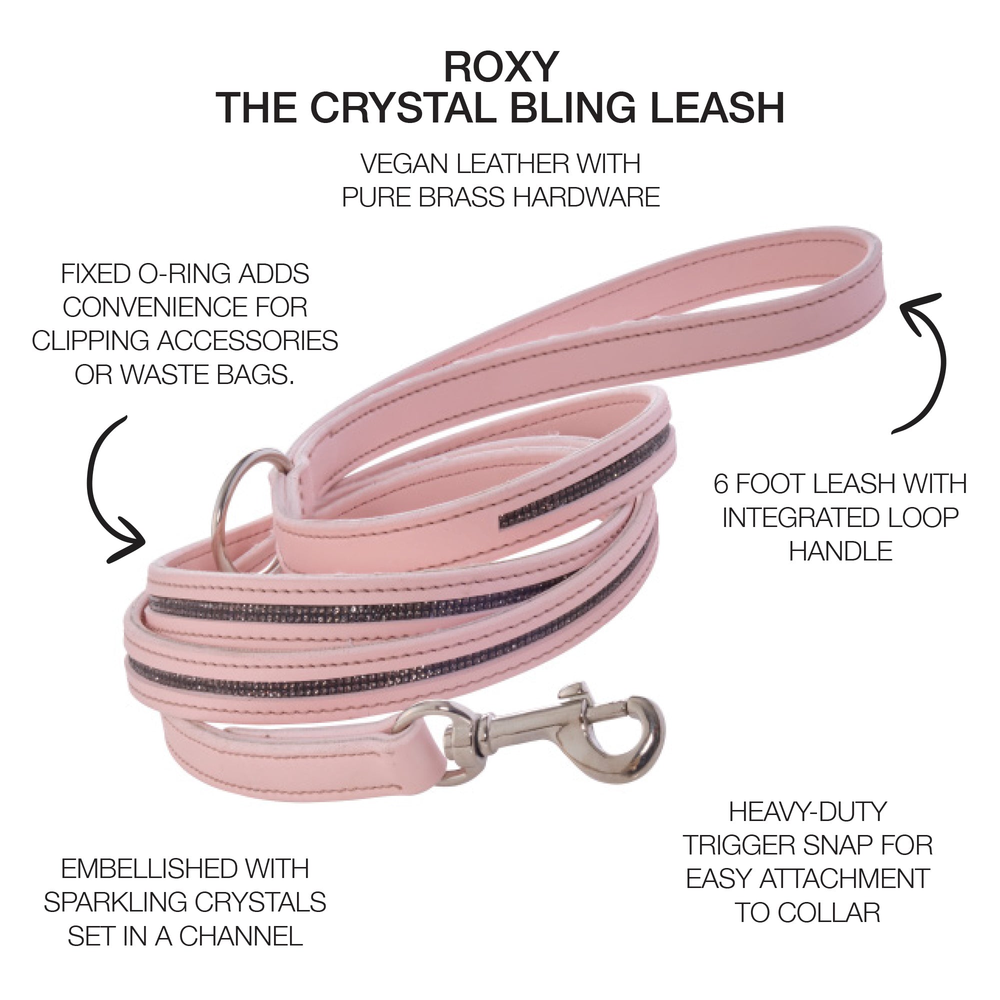 Pink leash with text detailing features on a white background
