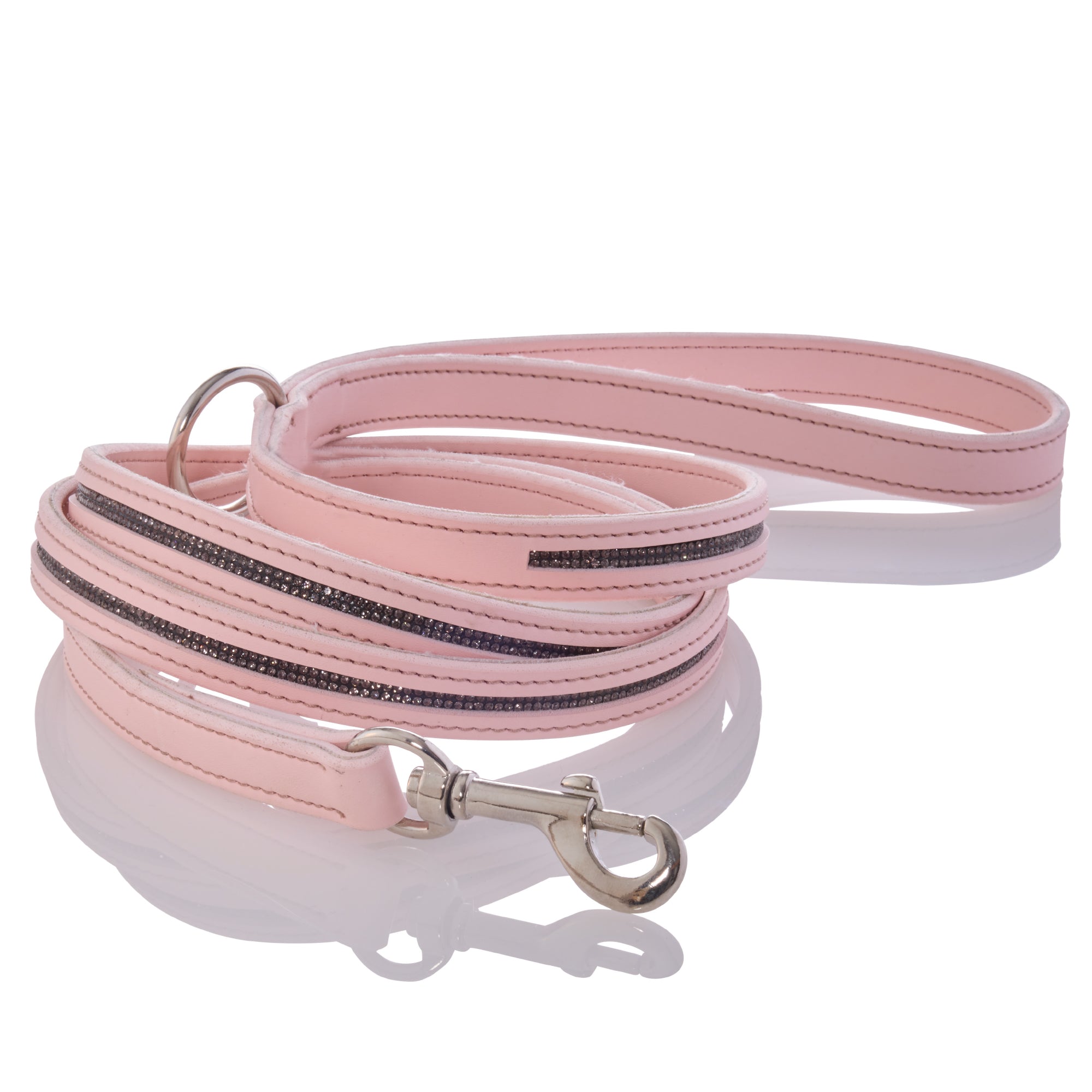 Pink dog leash with silver clip on a white background