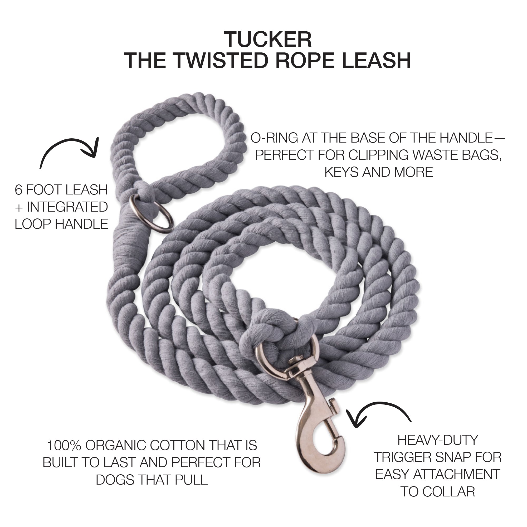 Gray twisted rope leash with the Tucker title and product descriptions around it