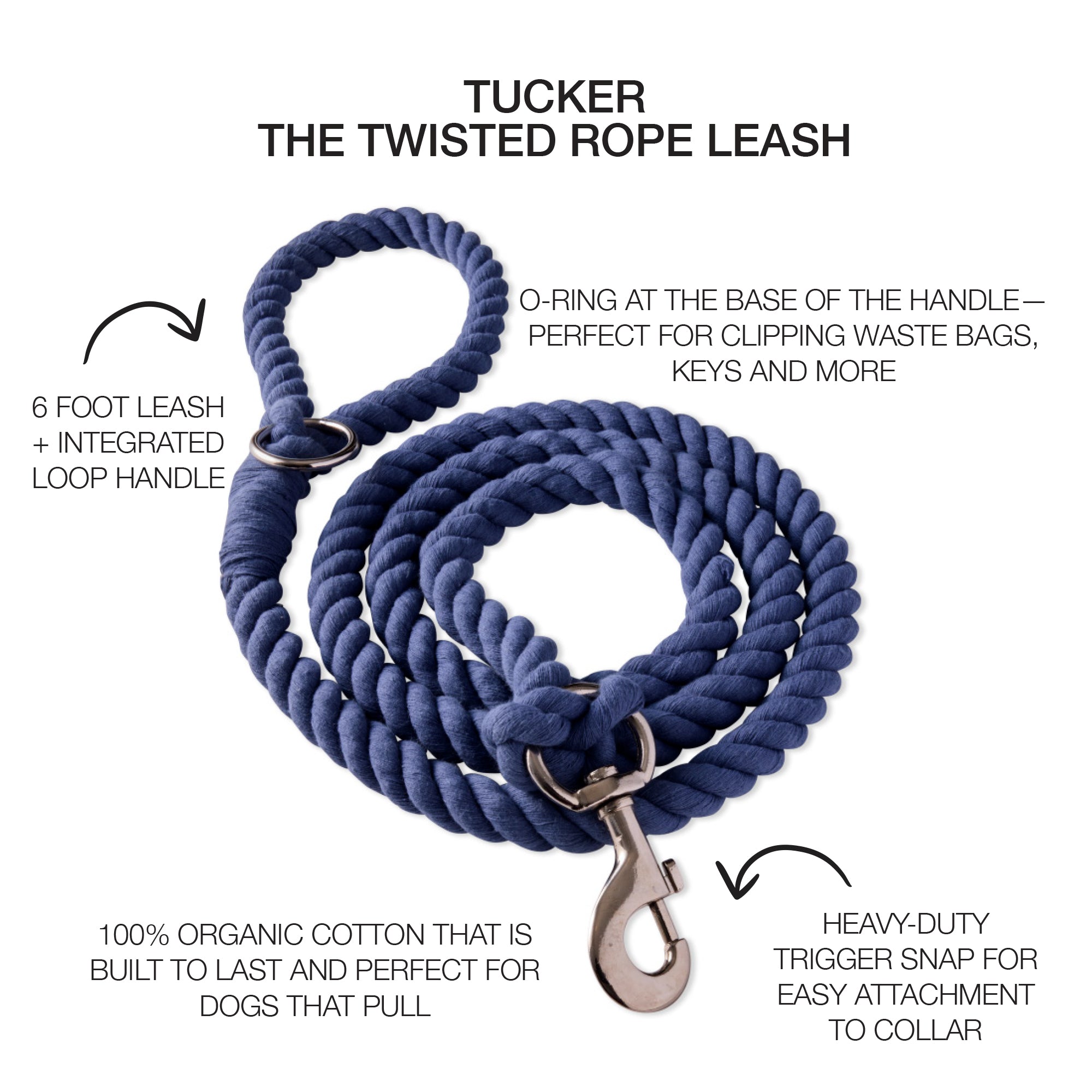Navy twisted rope leash with the Tucker title and product descriptions around it