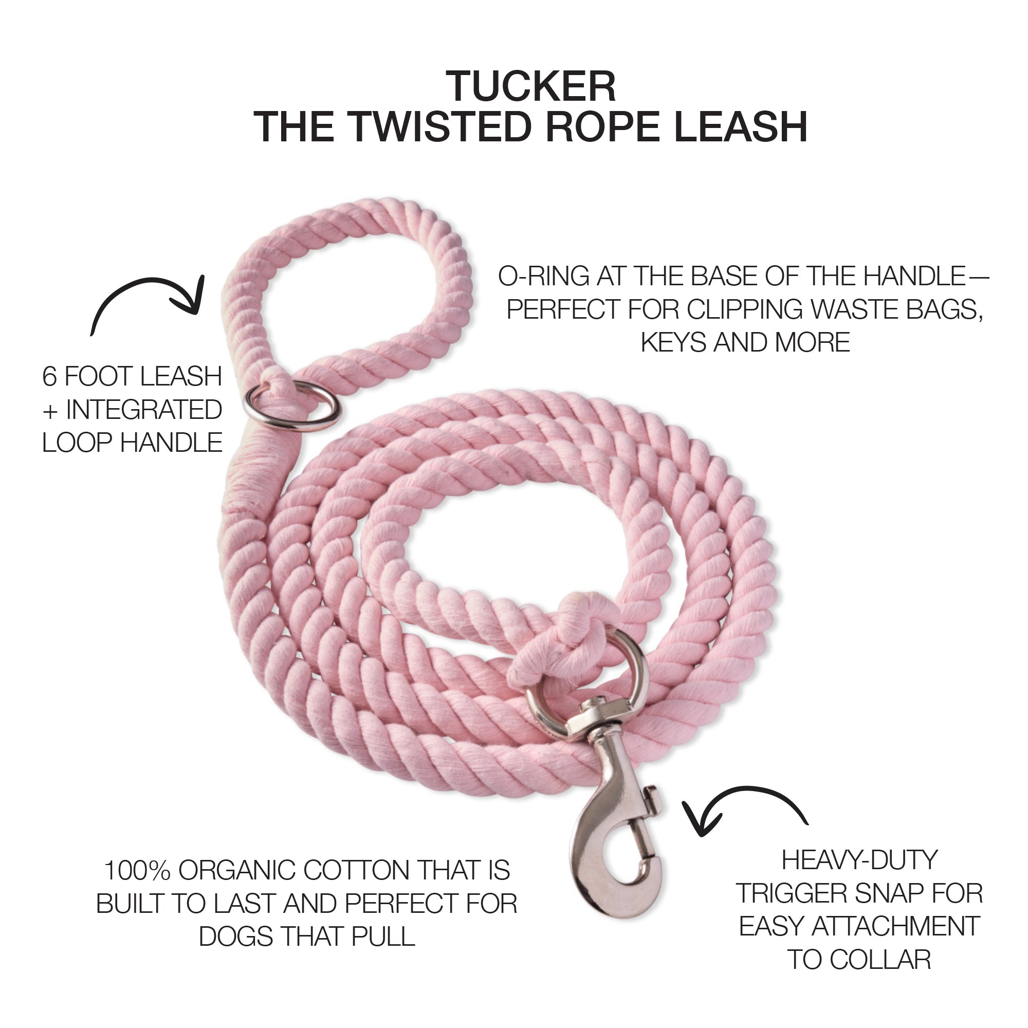 Pink twisted rope leash with the Tucker title and product descriptions around it