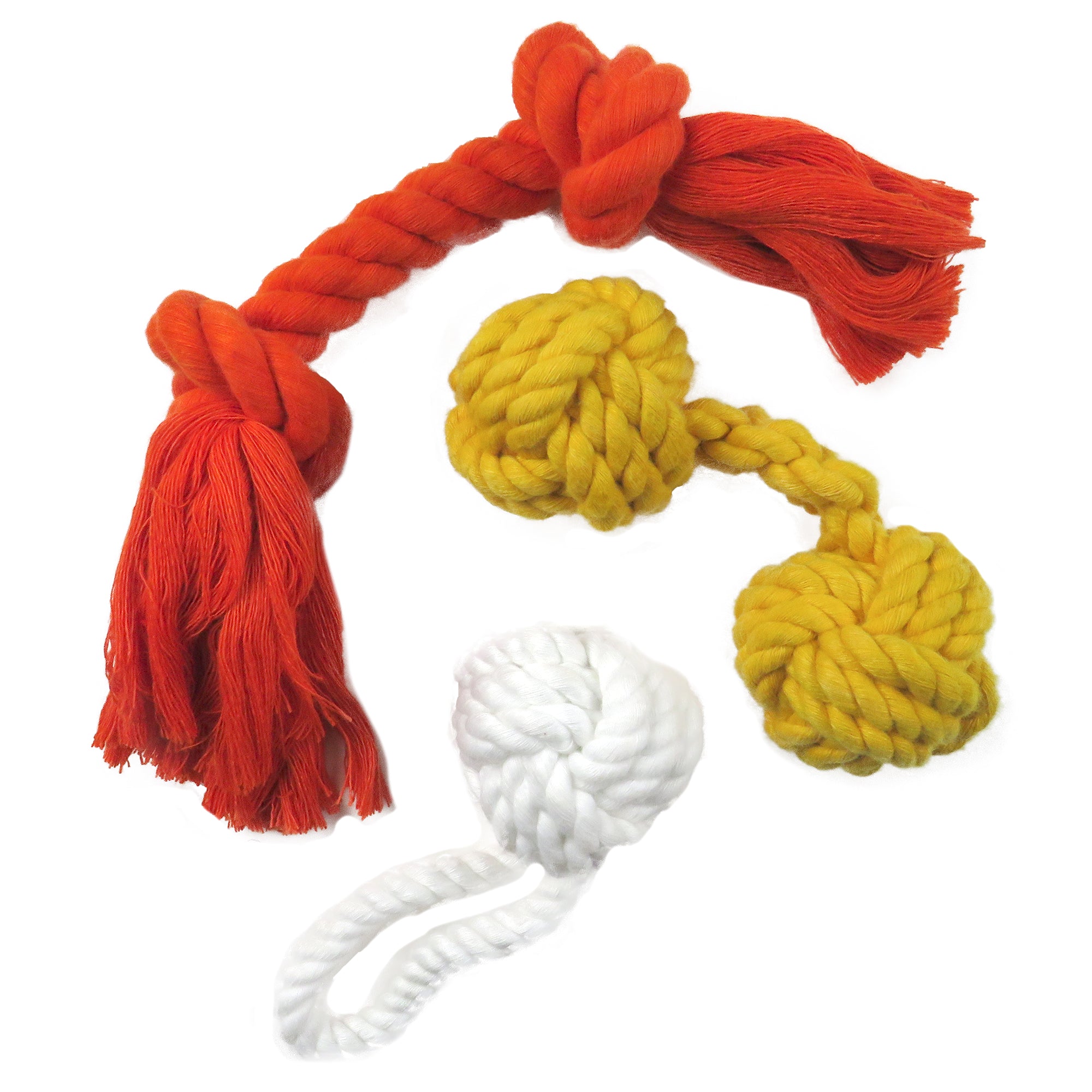 Orange, yellow, and white rope toy on a white background