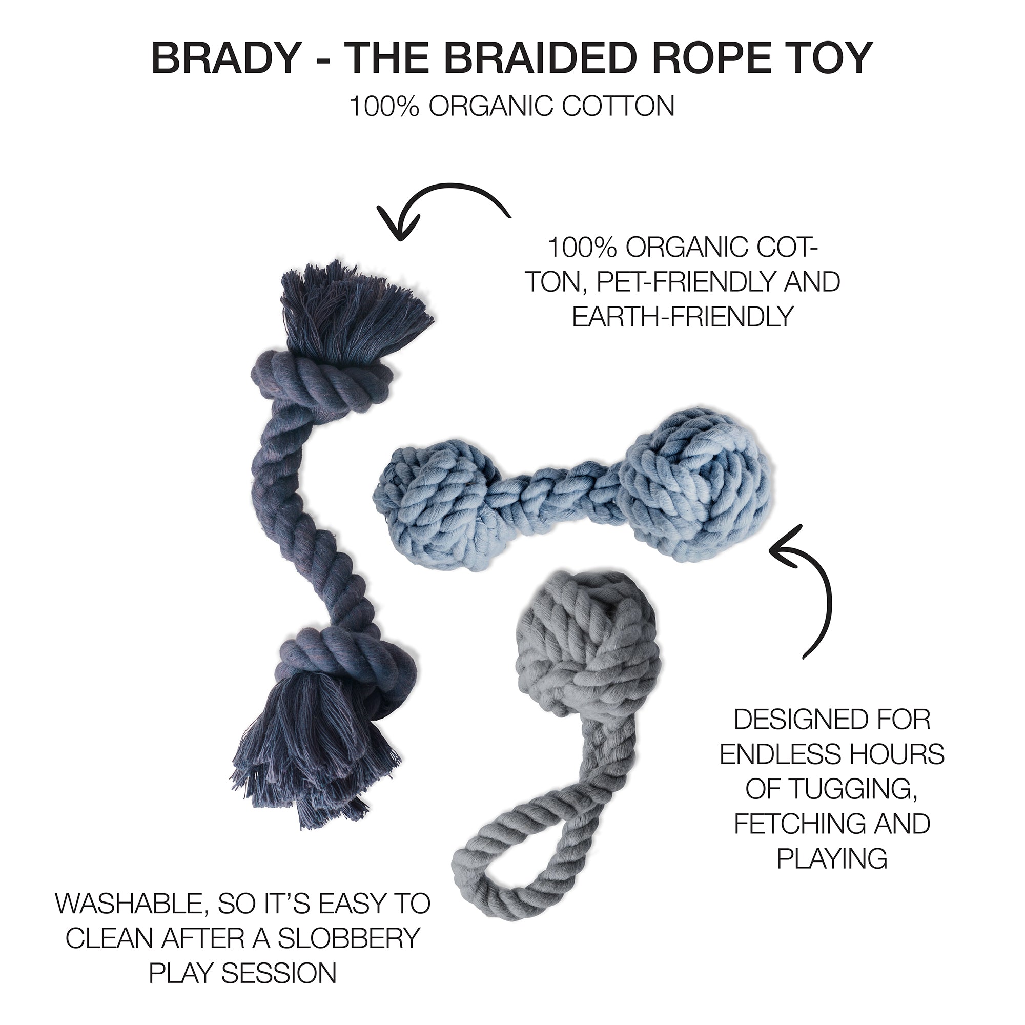 tug toys with product descriptions surrounding them, Brady title at the top