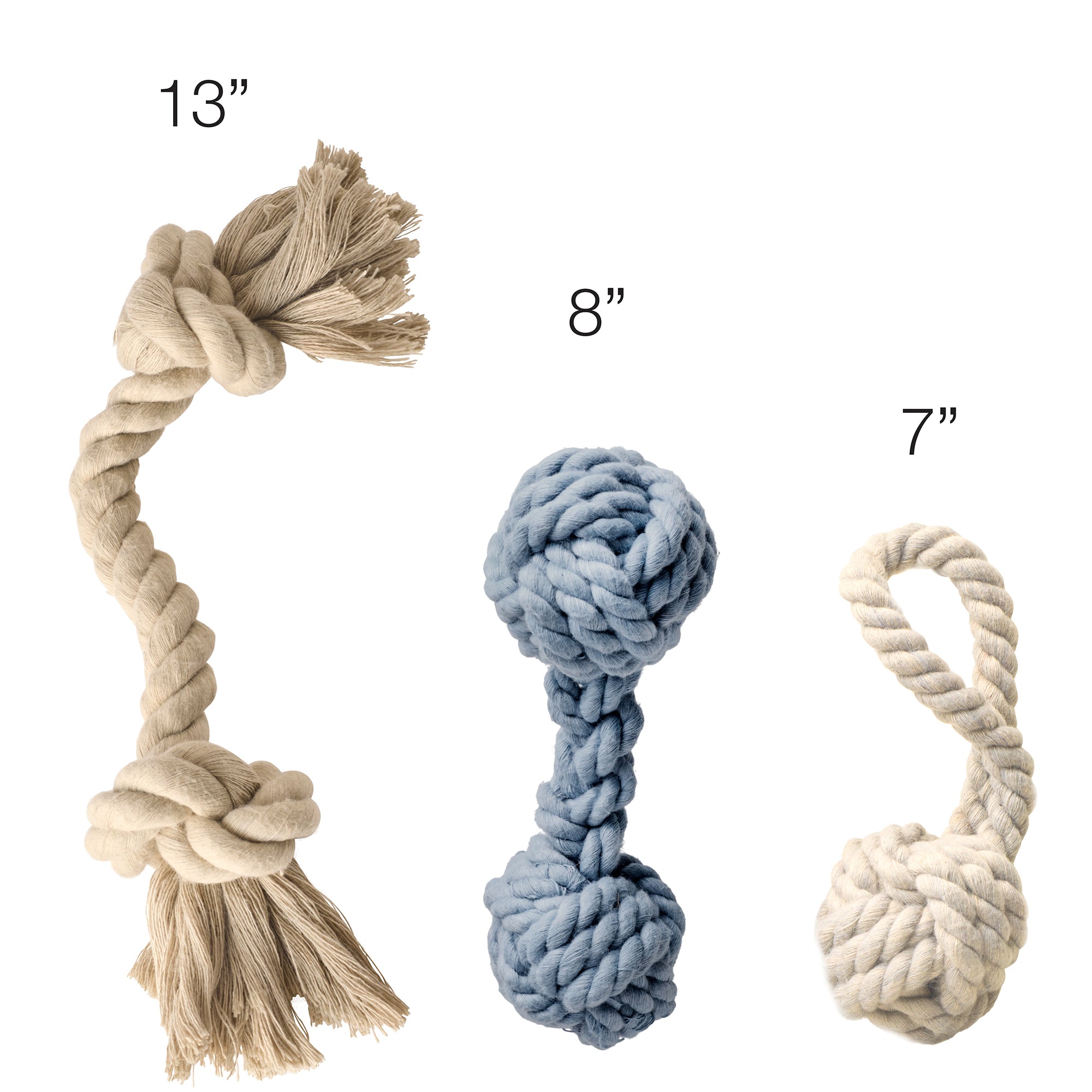 Rope toy with size measurements