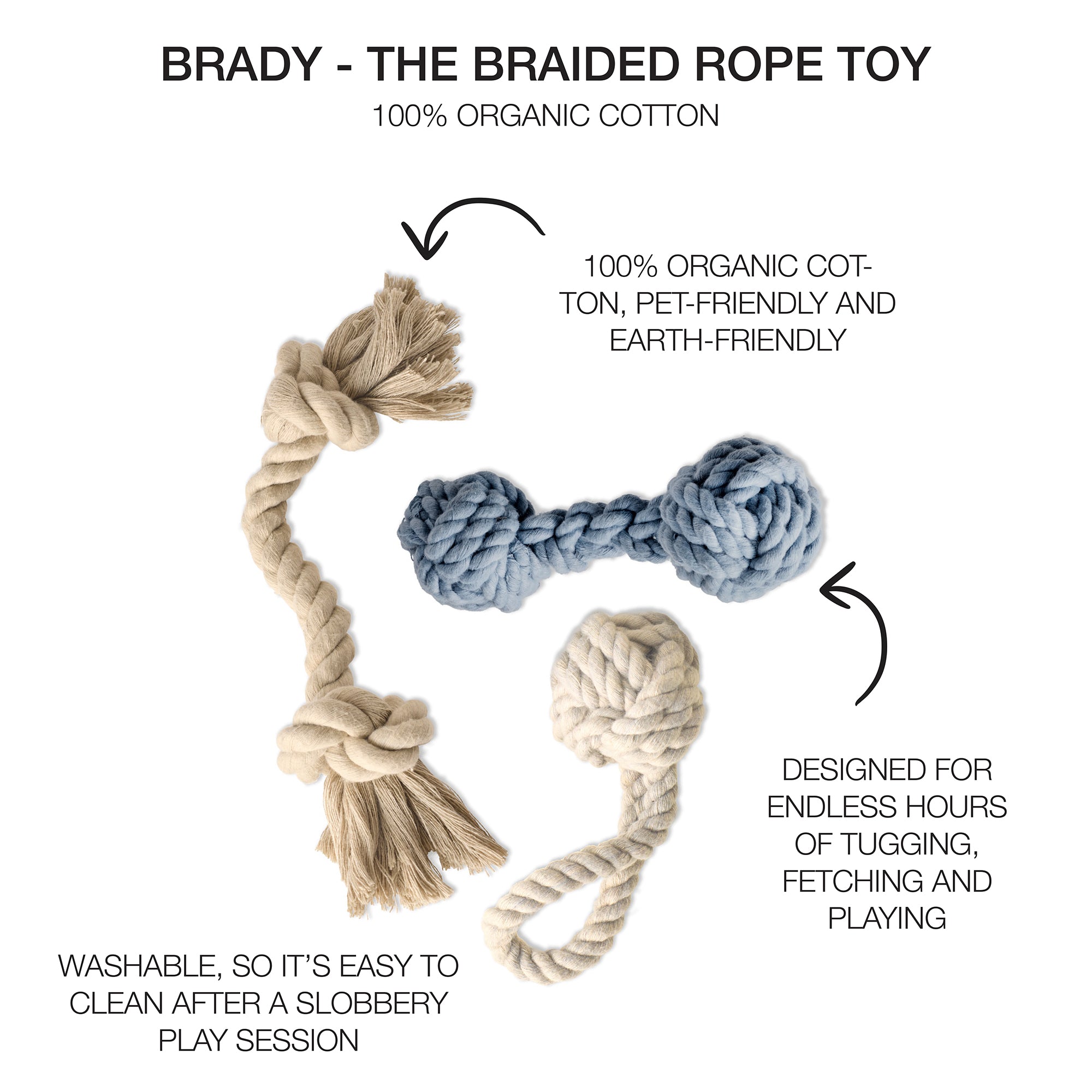 3 rope toys with product descriptions surrounding them with Brady title at the top