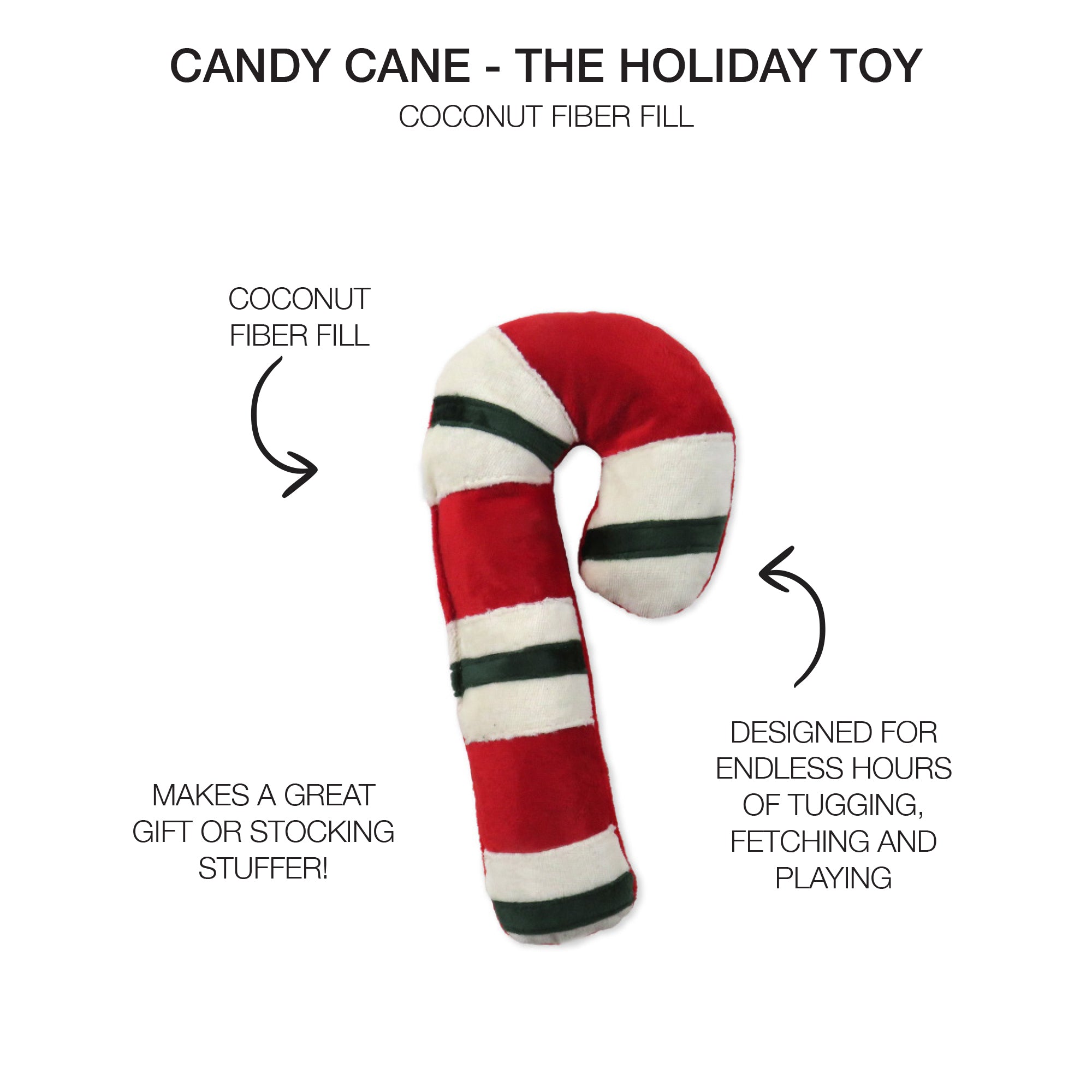Red candy cane toy with The Holiday Toy label and product details surrounding it