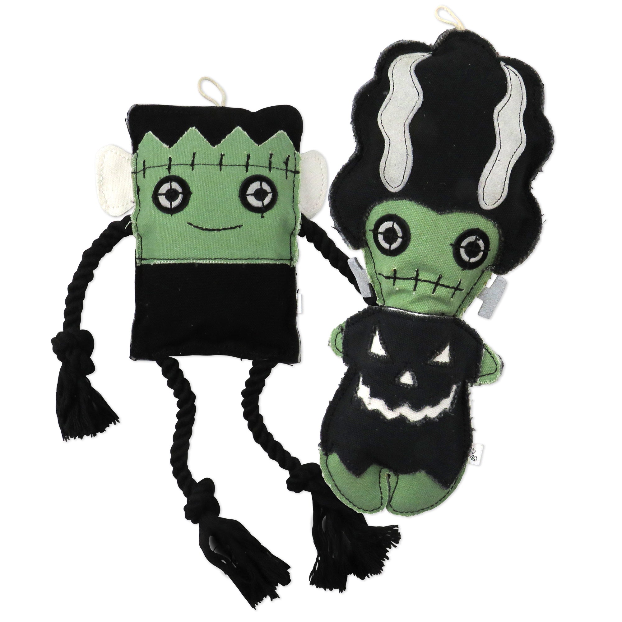 Pet Passion Mr. and Mrs. Frankenstein Halloween dog toy 2-pack — festive plush squeaky toys for spooky play