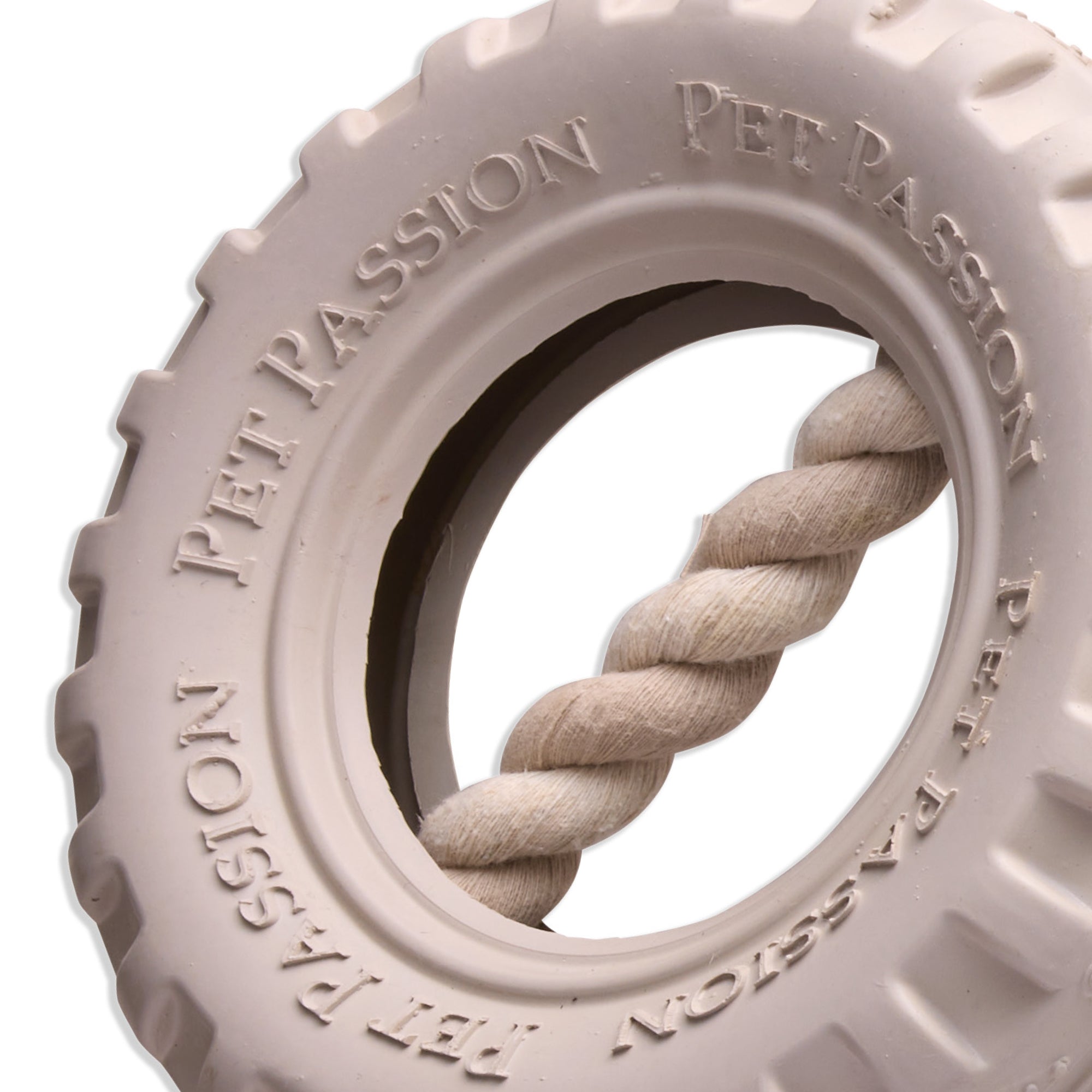 Close-up of tire with pet passion logo