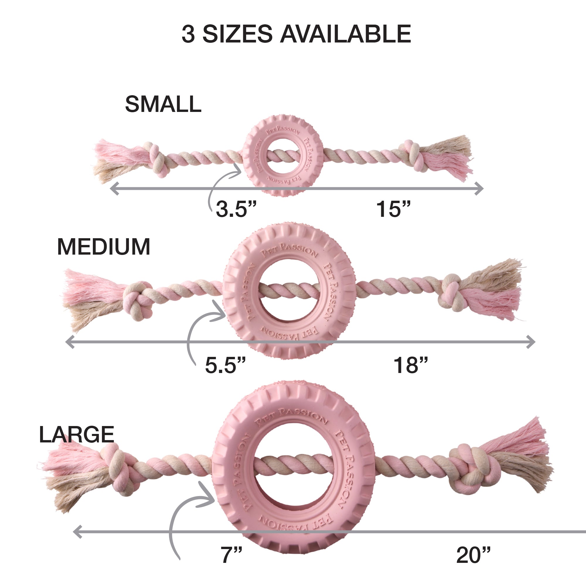 Small, Medium, and Large rope tire toys with measurements