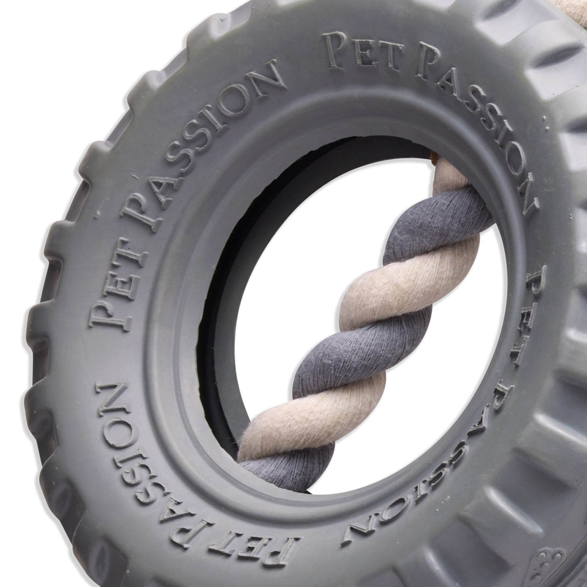 Close-up of tire with pet passion logo