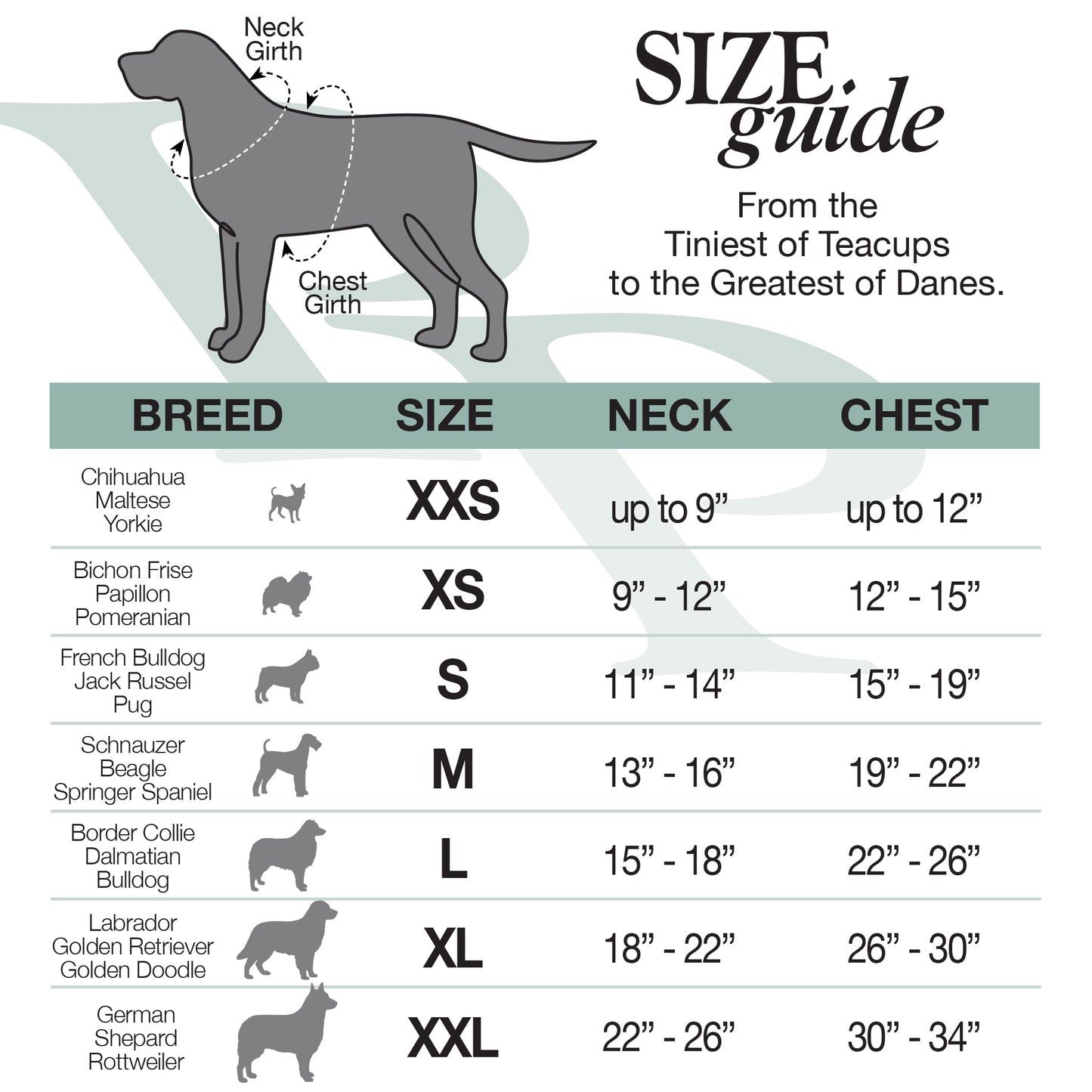 Dog size guide with breeds, neck, and chest measurements.