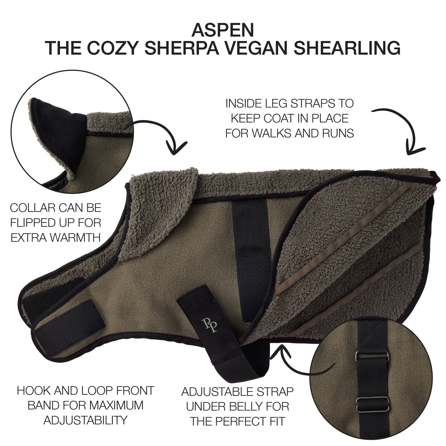 Cozy Sherpa Vegan Shearling dog coat with features highlighted on a white background