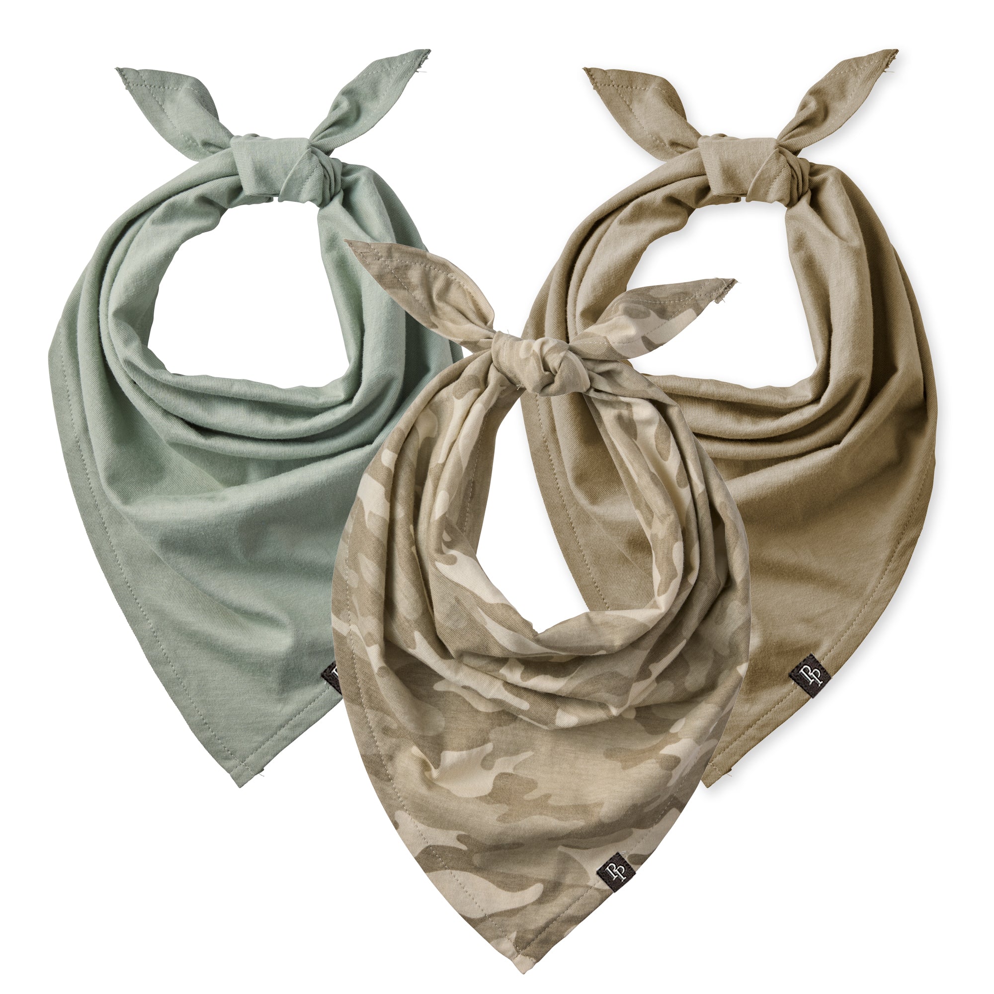 Sage, Beige, and Camo beige pet bandanas on a white background