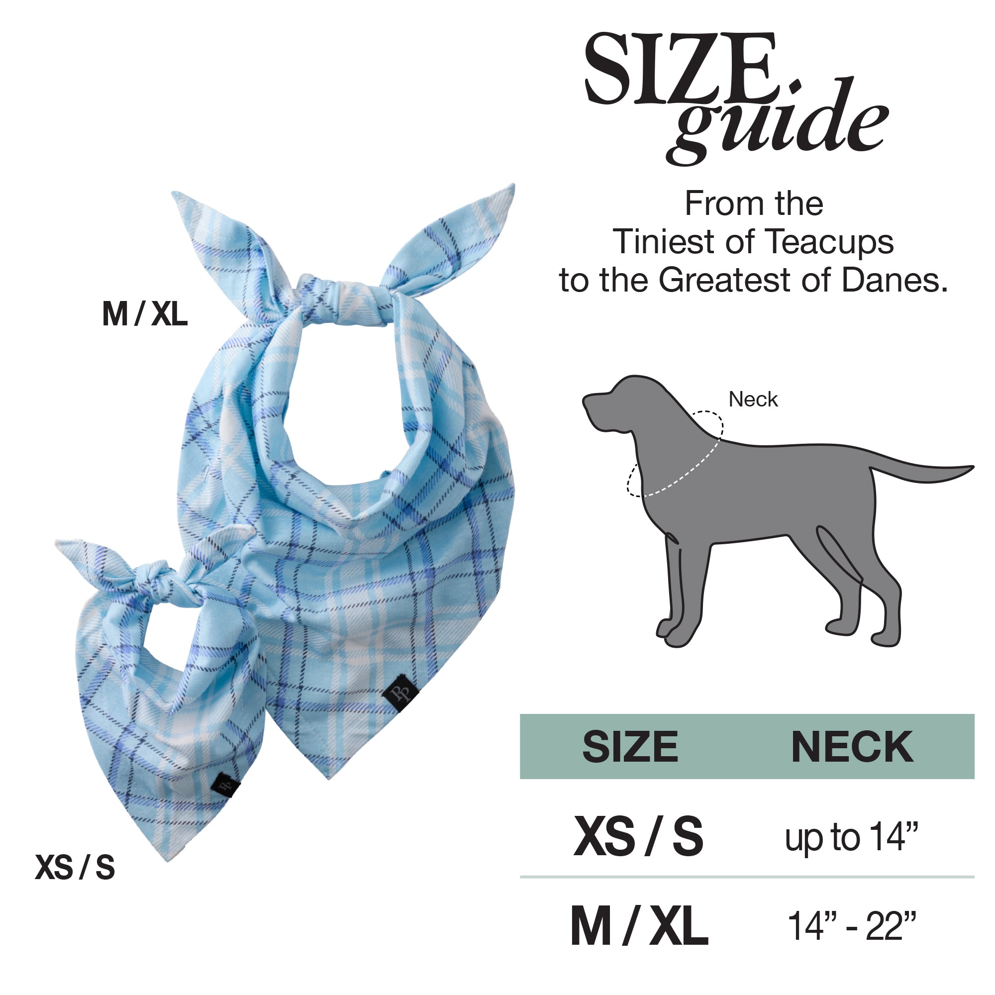 Dog bandana size guide with plaid pattern and measurement chart on a white background